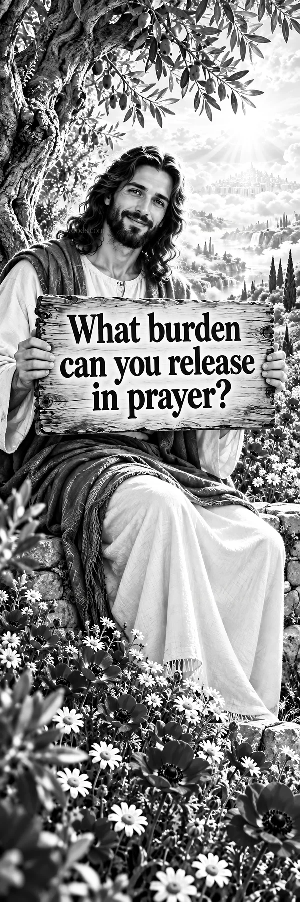 Jesus Christ inviting reflection on burdens in prayer - AI-generated stock image