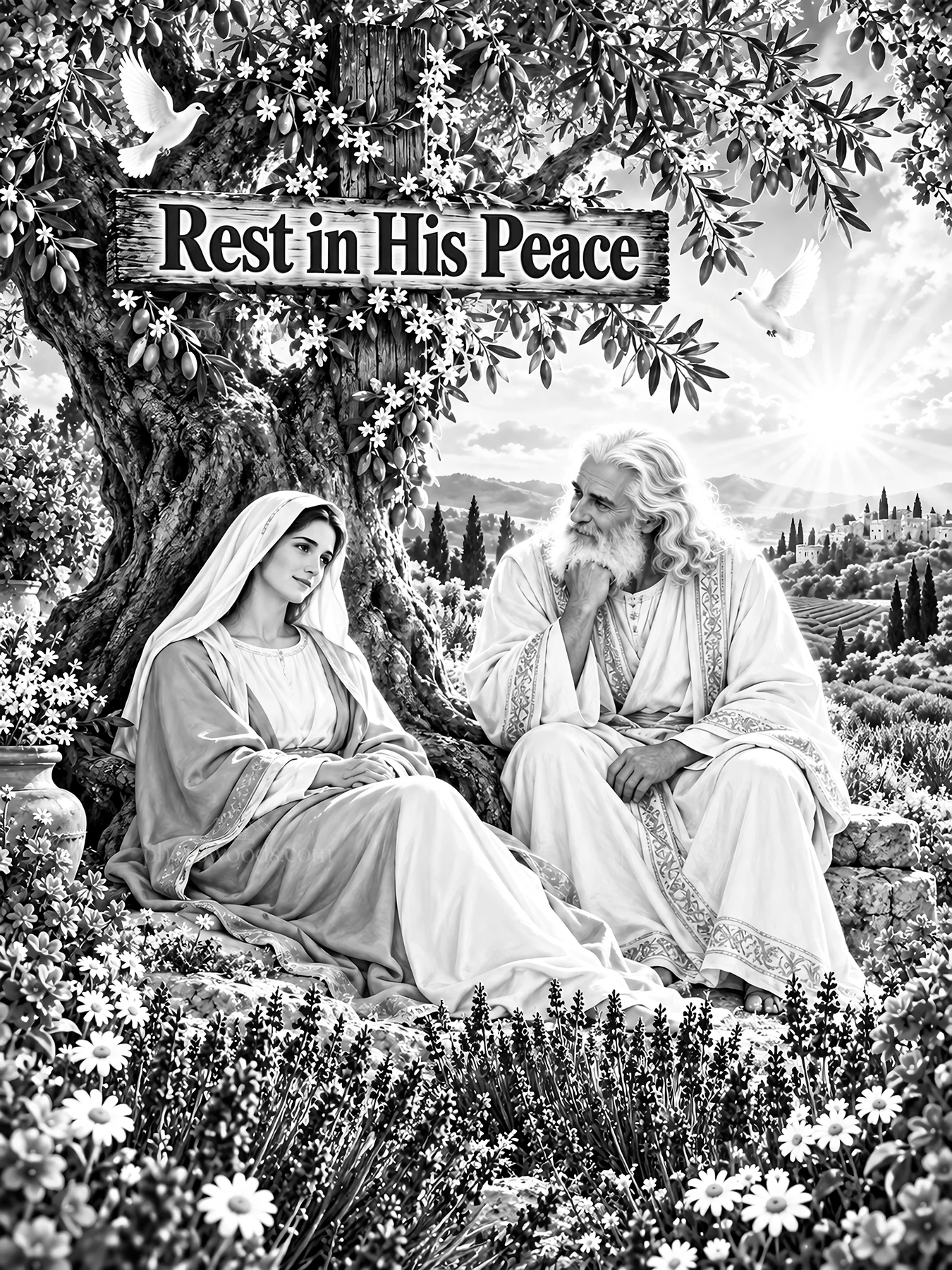 Jesus Christ comforting a figure in a serene garden scene - AI-generated stock image