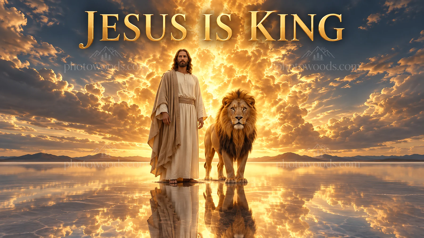 Jesus Christ stands with a lion in a dramatic sunset scene - AI-generated stock image