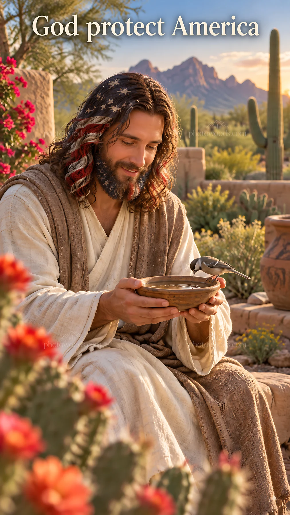 Jesus Christ holding a bowl in a garden setting - AI-generated stock image