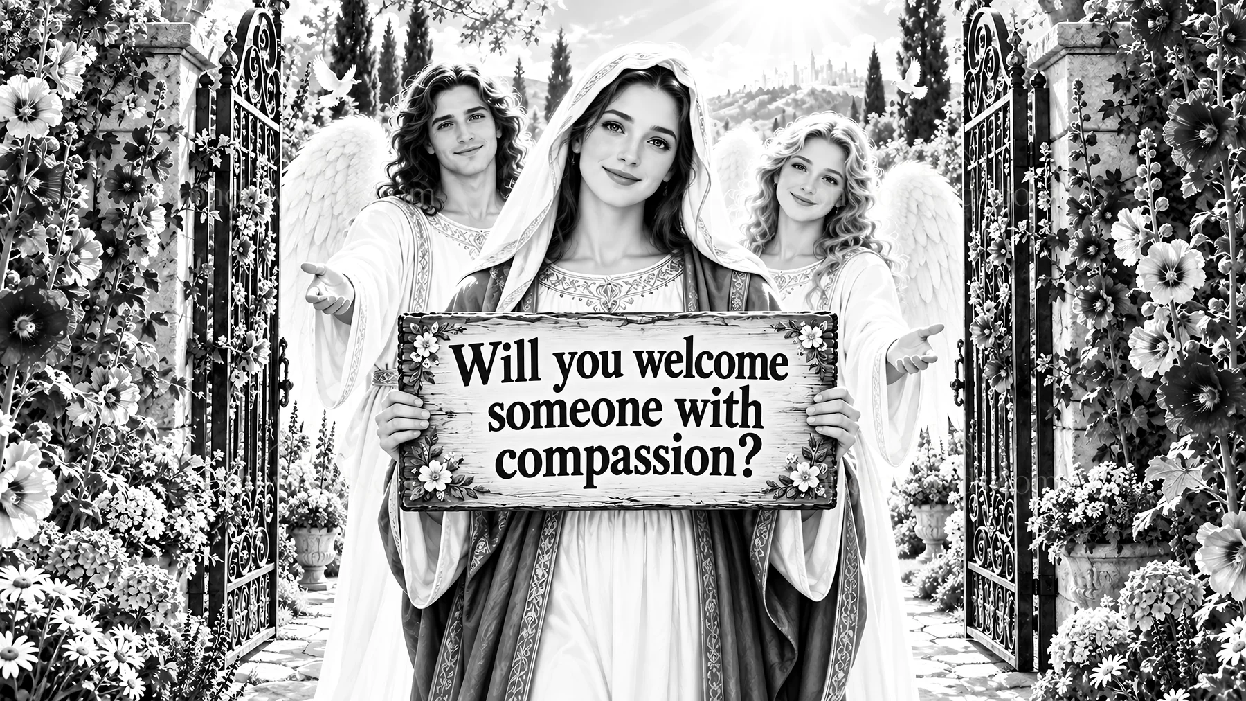 Jesus Christ welcomes visitors with compassion and kindness - AI-generated stock image