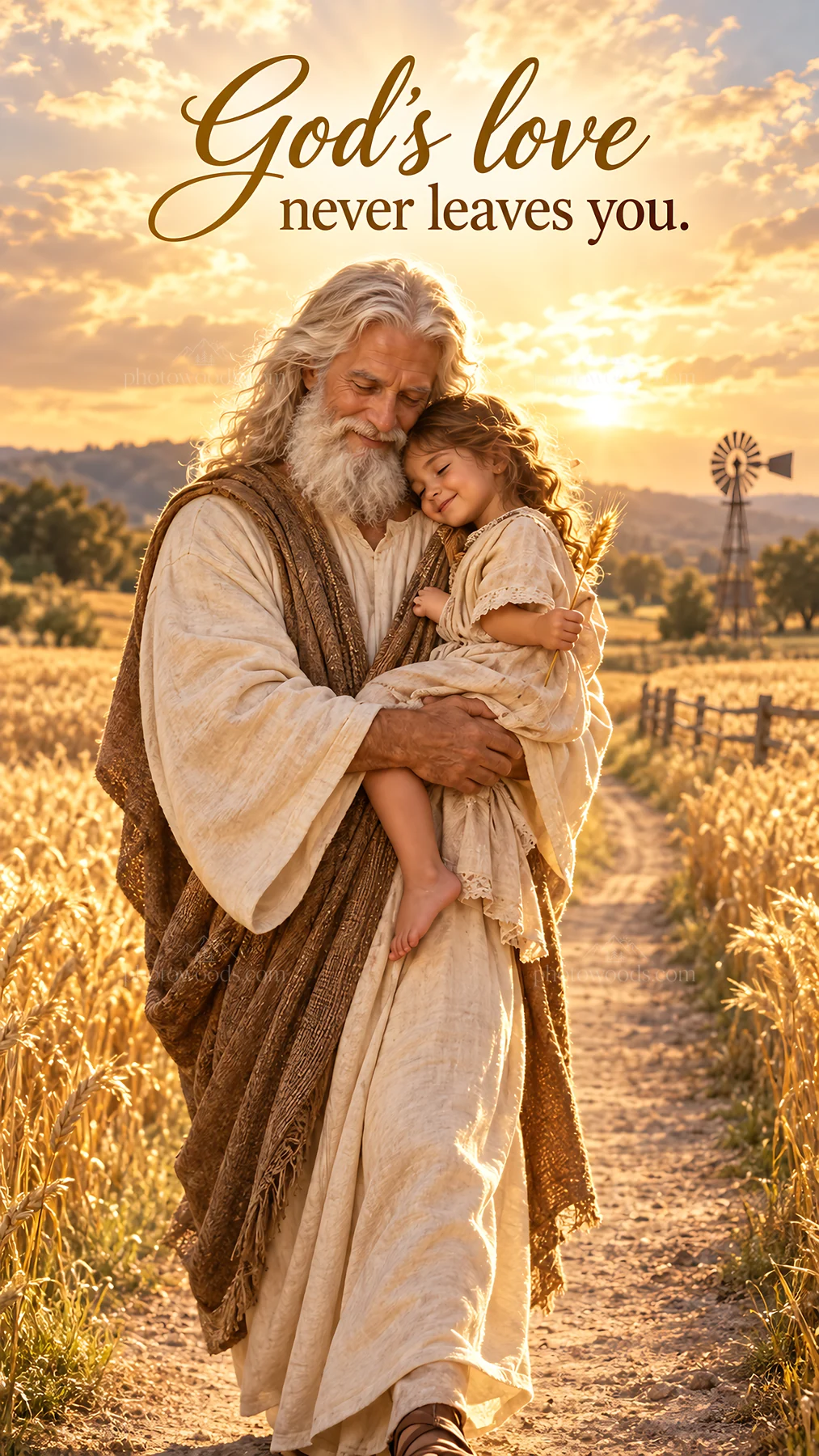Jesus Christ comforting a child in a golden field - AI-generated stock image