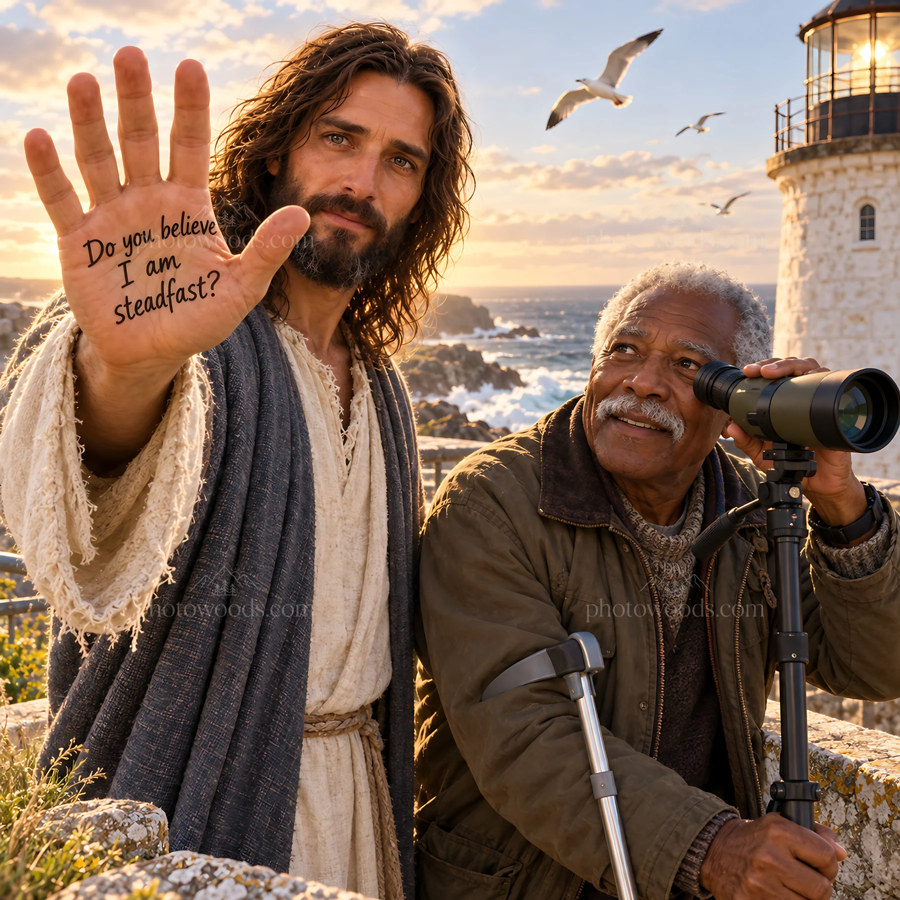 Jesus Christ offering reassurance by the sea - AI-generated stock image