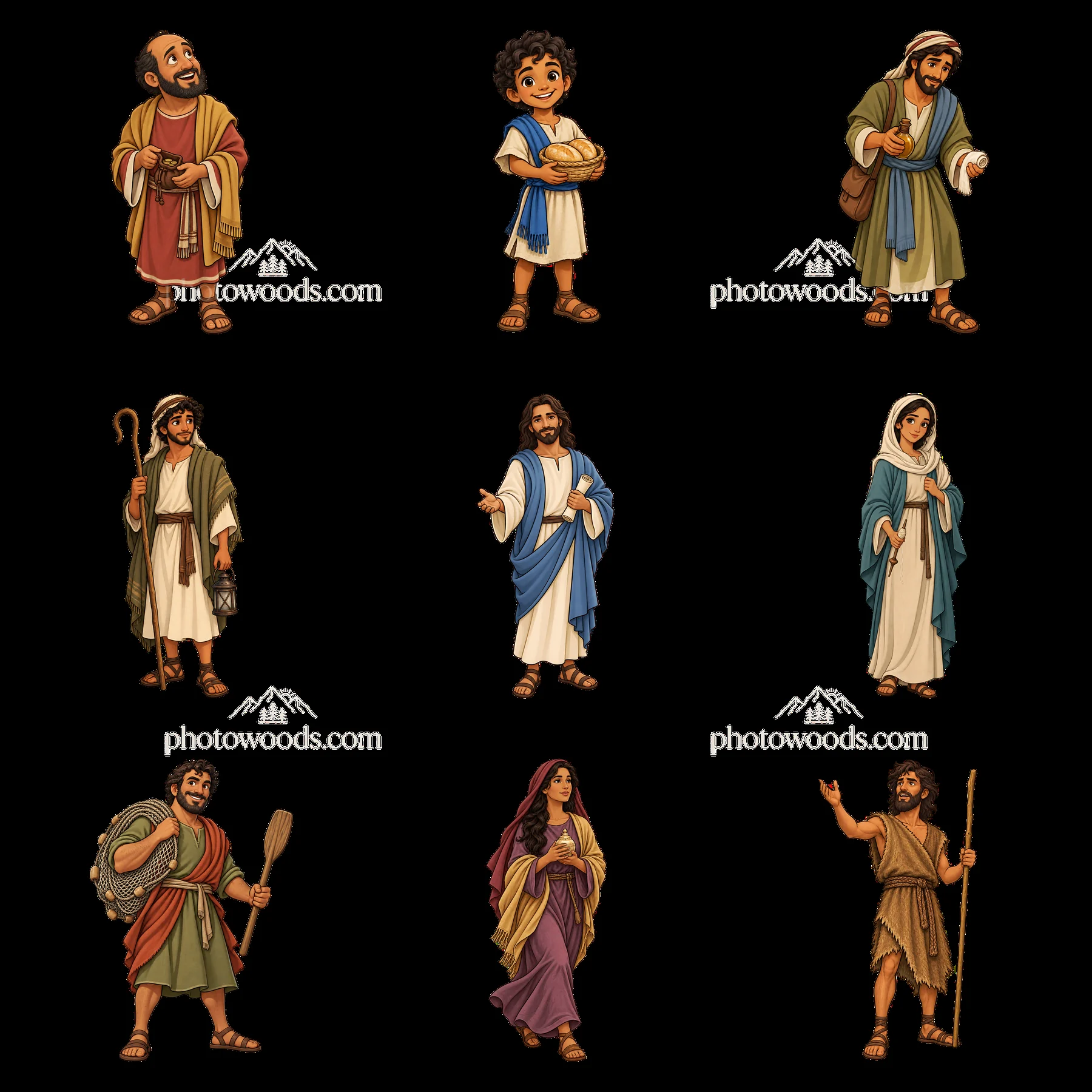 Religious cartoon stickers of Jesus and biblical figures in grid - AI-generated stock image
