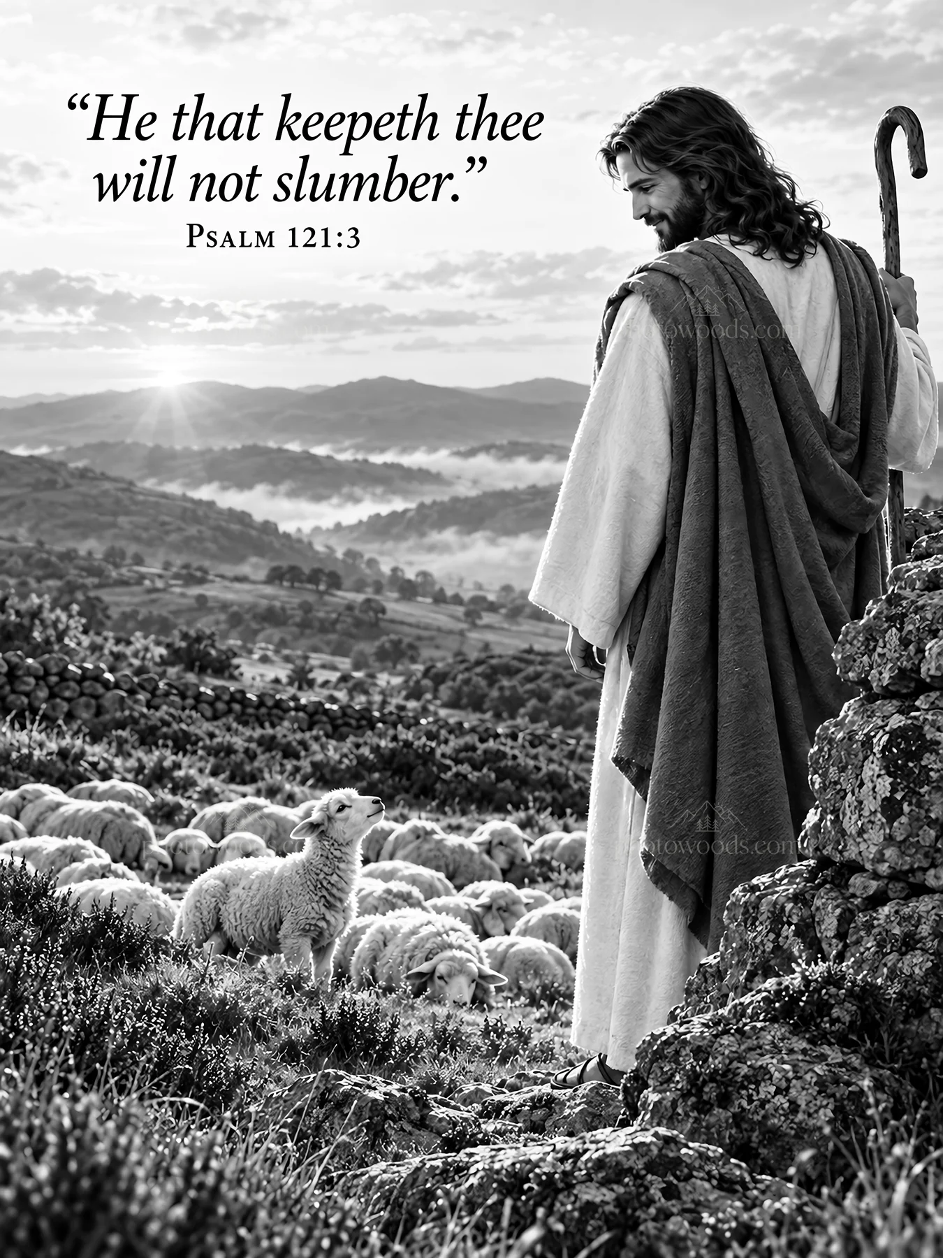 Jesus Christ caring for sheep in a pastoral setting - AI-generated stock image