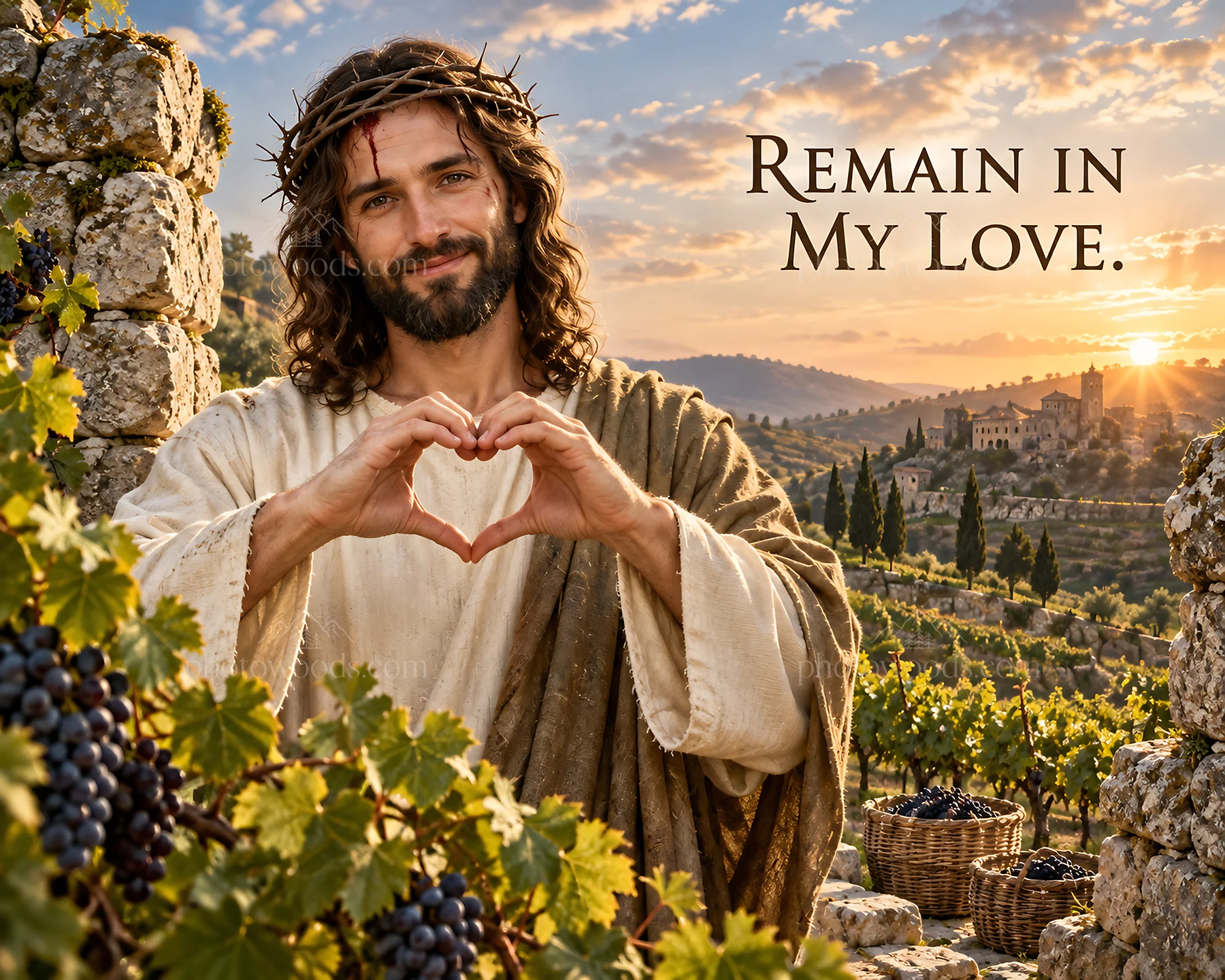 Jesus Christ forms a heart shape with hands in vineyard setting - AI-generated stock image