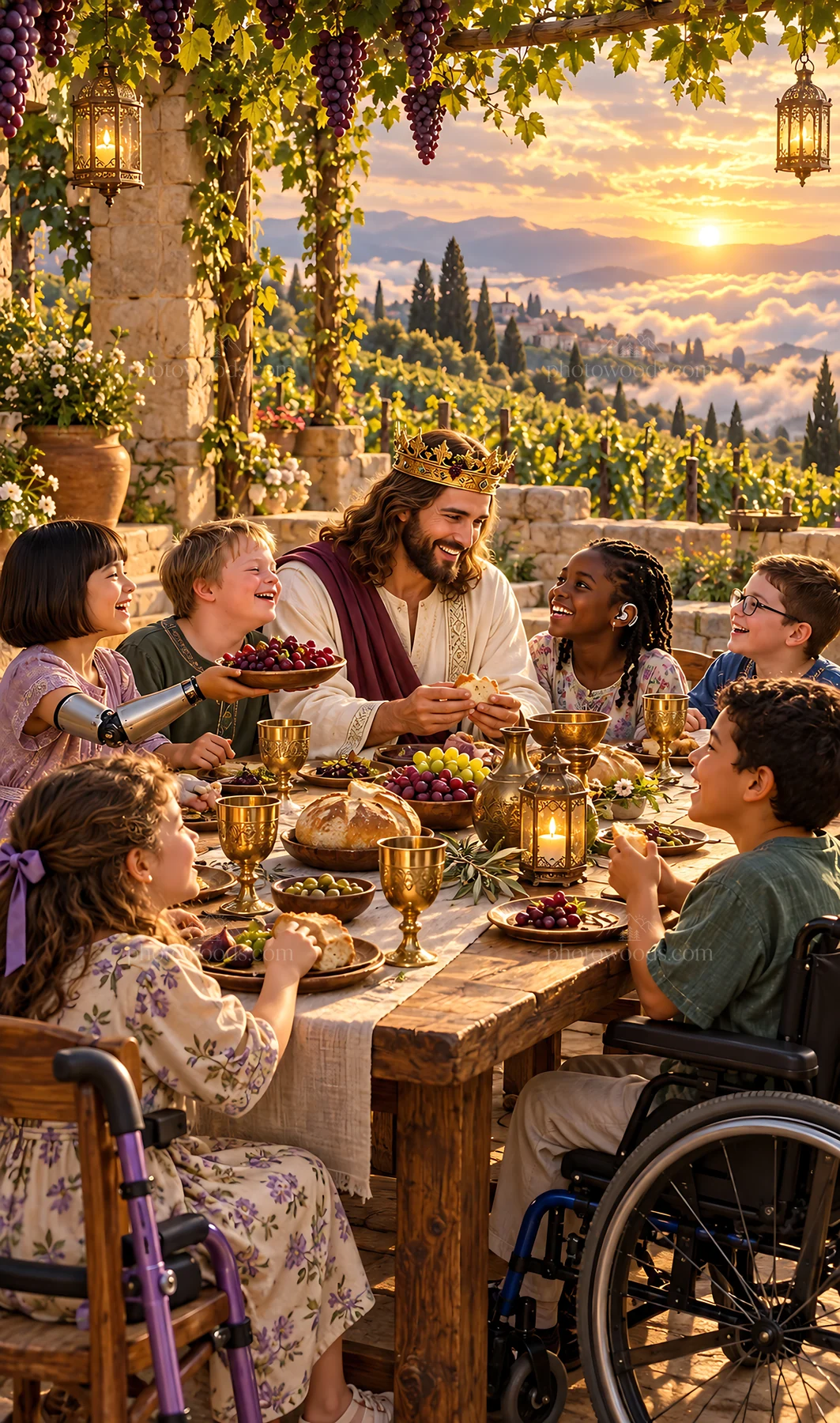 Jesus Christ sharing a meal with friends in a vineyard setting - AI-generated stock image