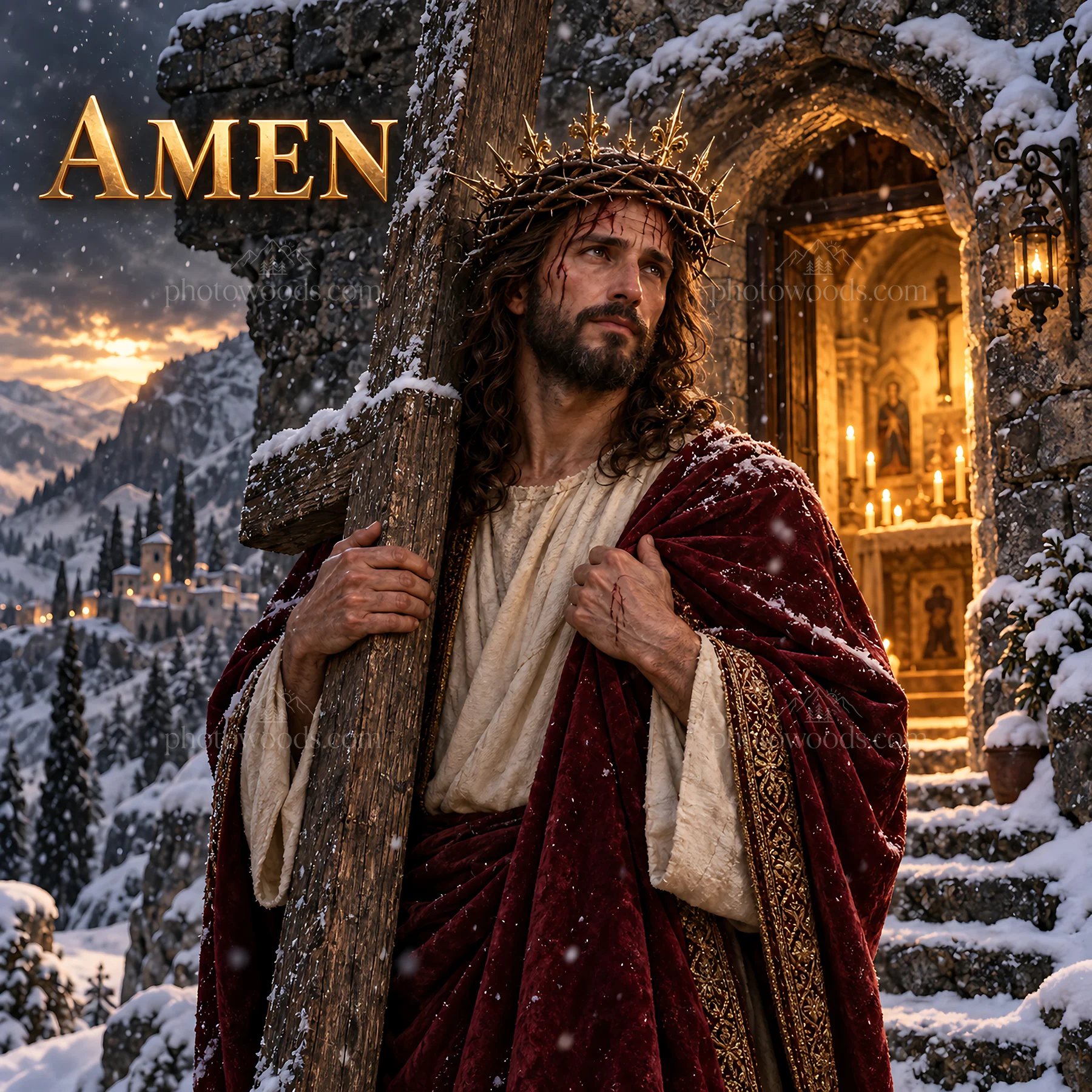 Jesus Christ carrying a cross in a snowy mountain setting - AI-generated stock image