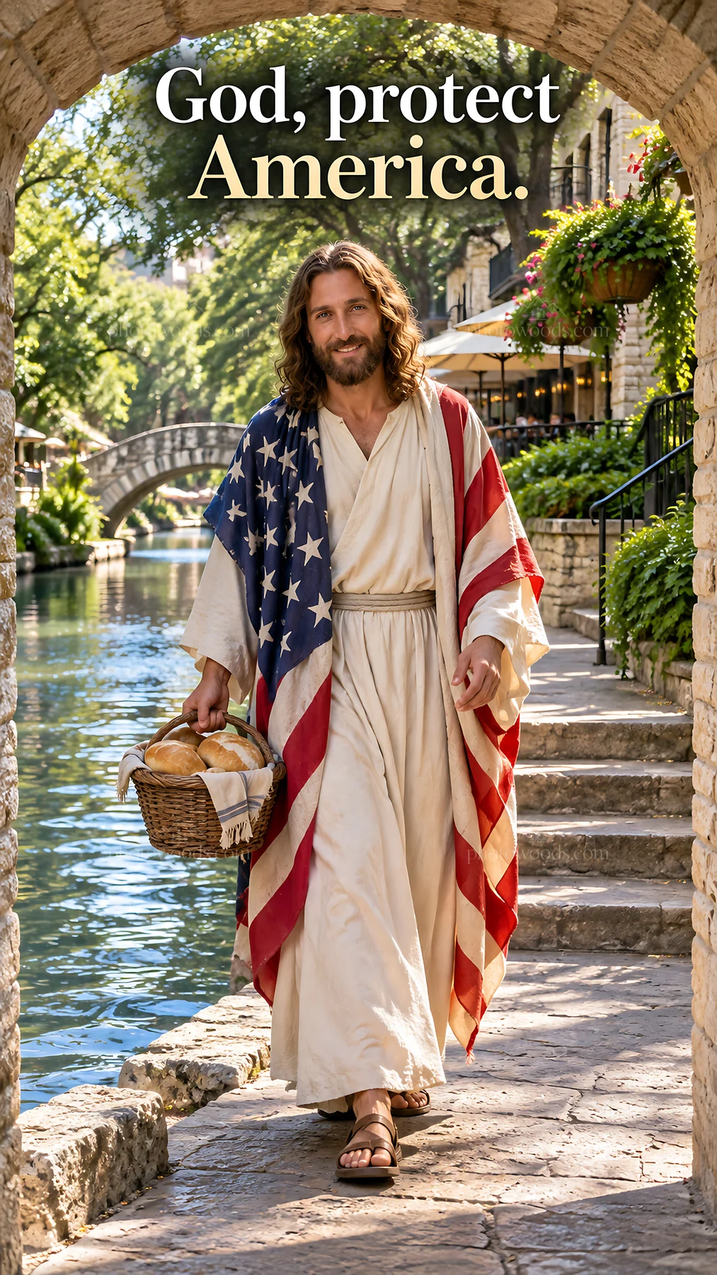 Jesus Christ walking by the river with a basket of bread - AI-generated stock image