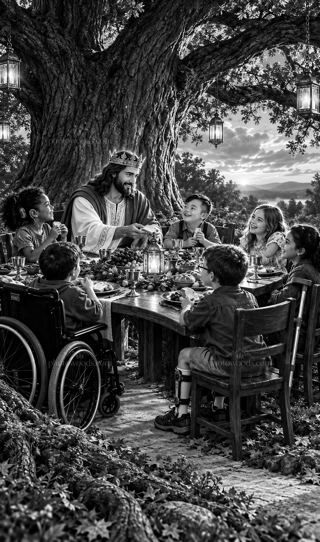 Jesus Christ sharing a meal with children - AI-generated stock image