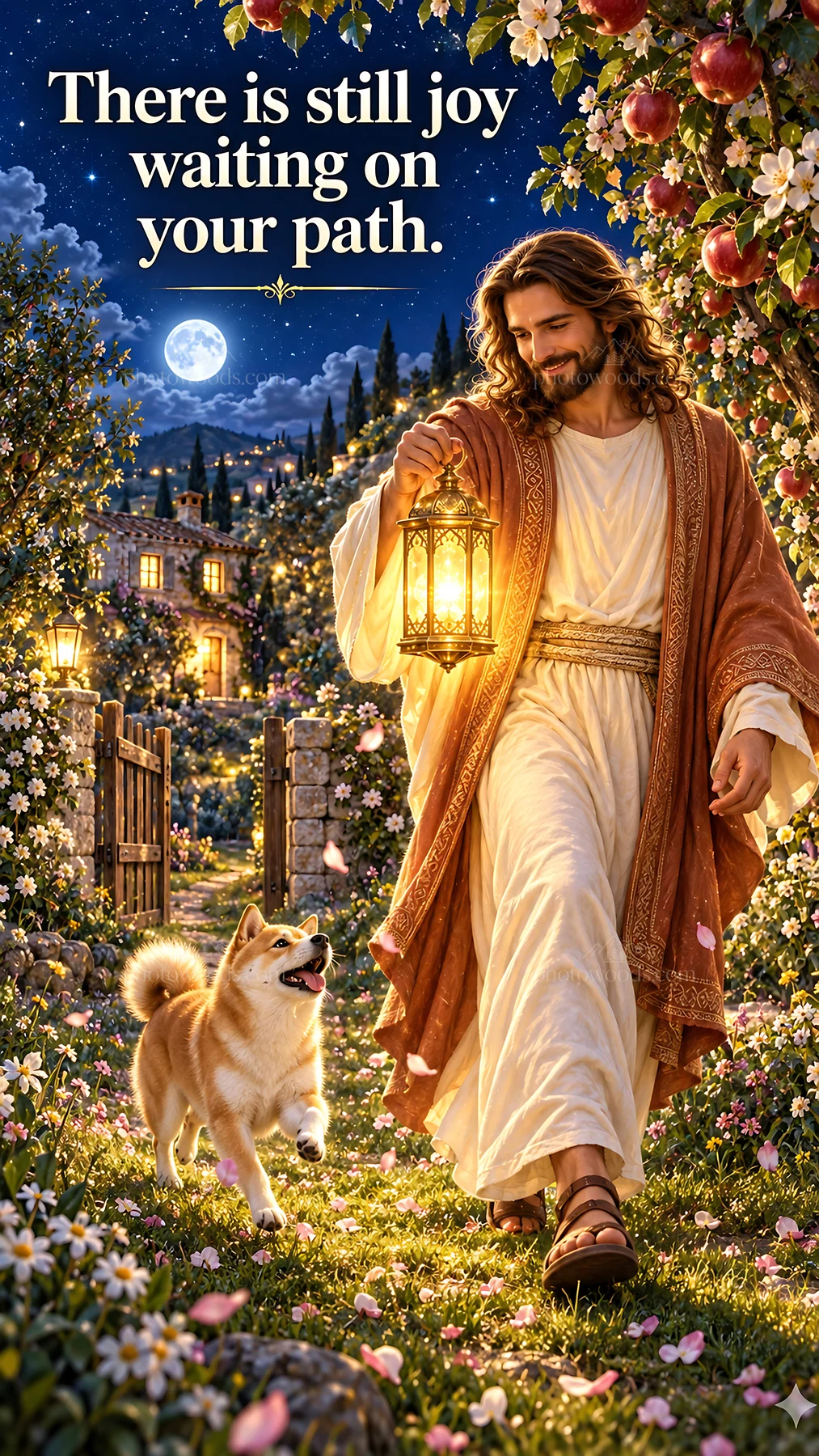 Jesus Christ walking with a lantern in a garden - AI-generated stock image