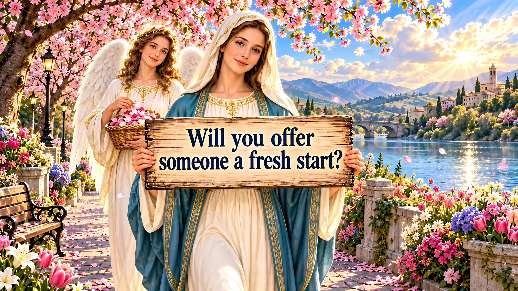 Jesus Christ offers a fresh start in a beautiful garden - AI-generated stock image