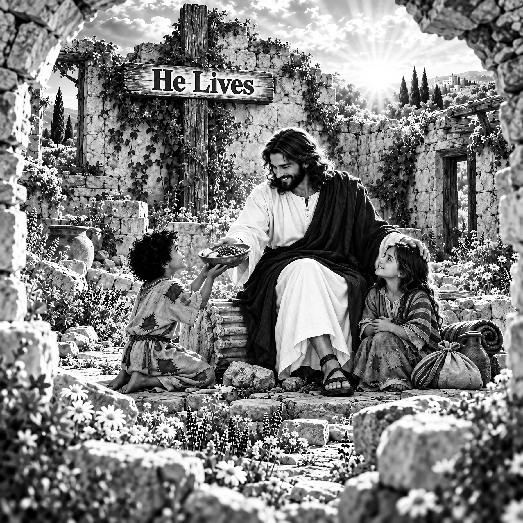 Jesus Christ sharing bread with children in a garden - AI-generated stock image