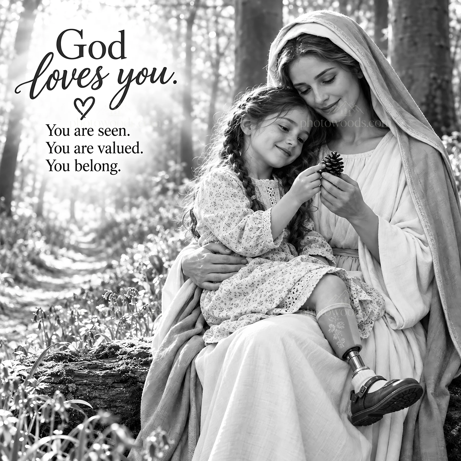 Jesus Christ shows love to a child in a forest setting - AI-generated stock image