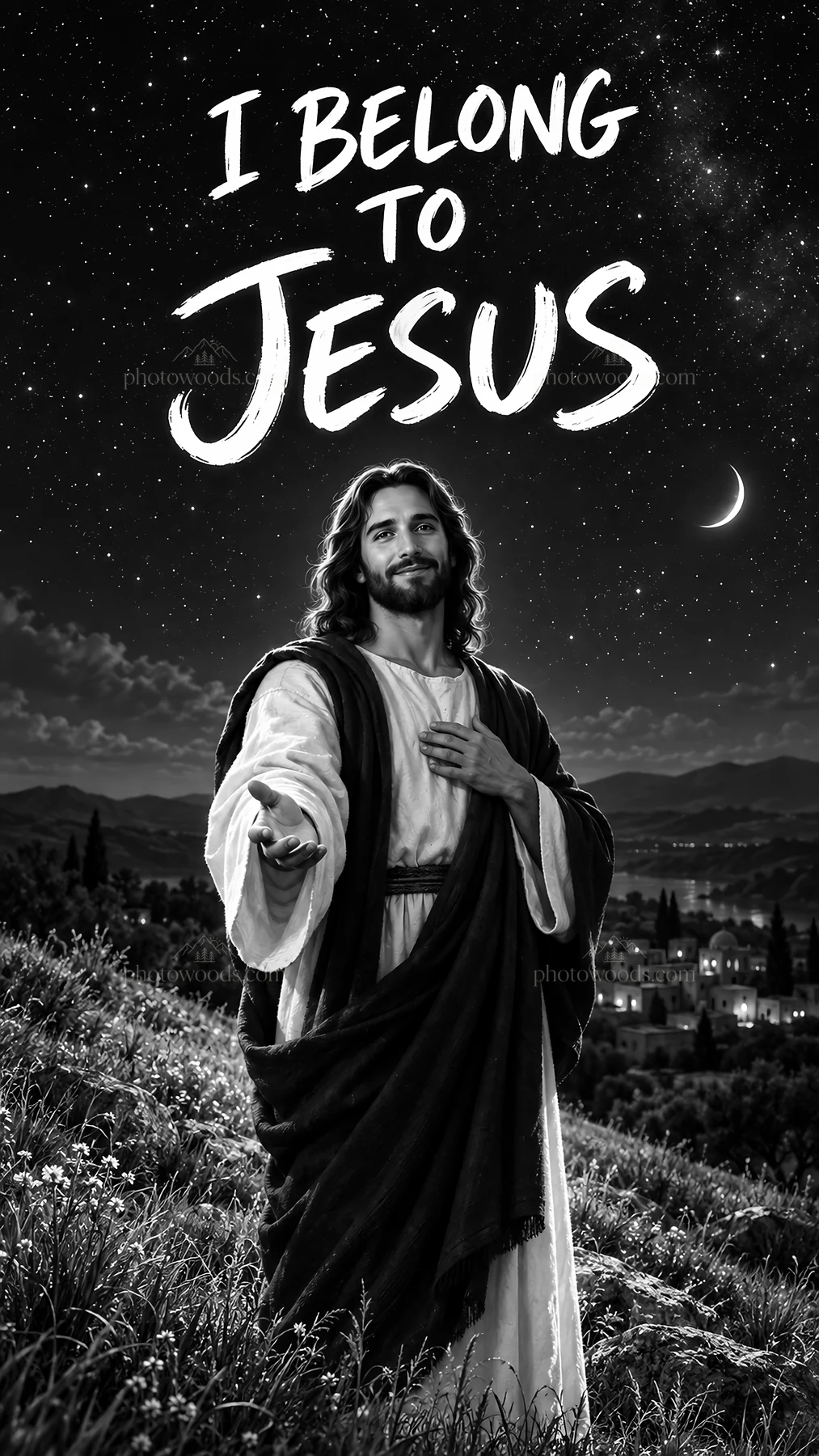 Jesus Christ welcomes with open hands under a night sky - AI-generated stock image