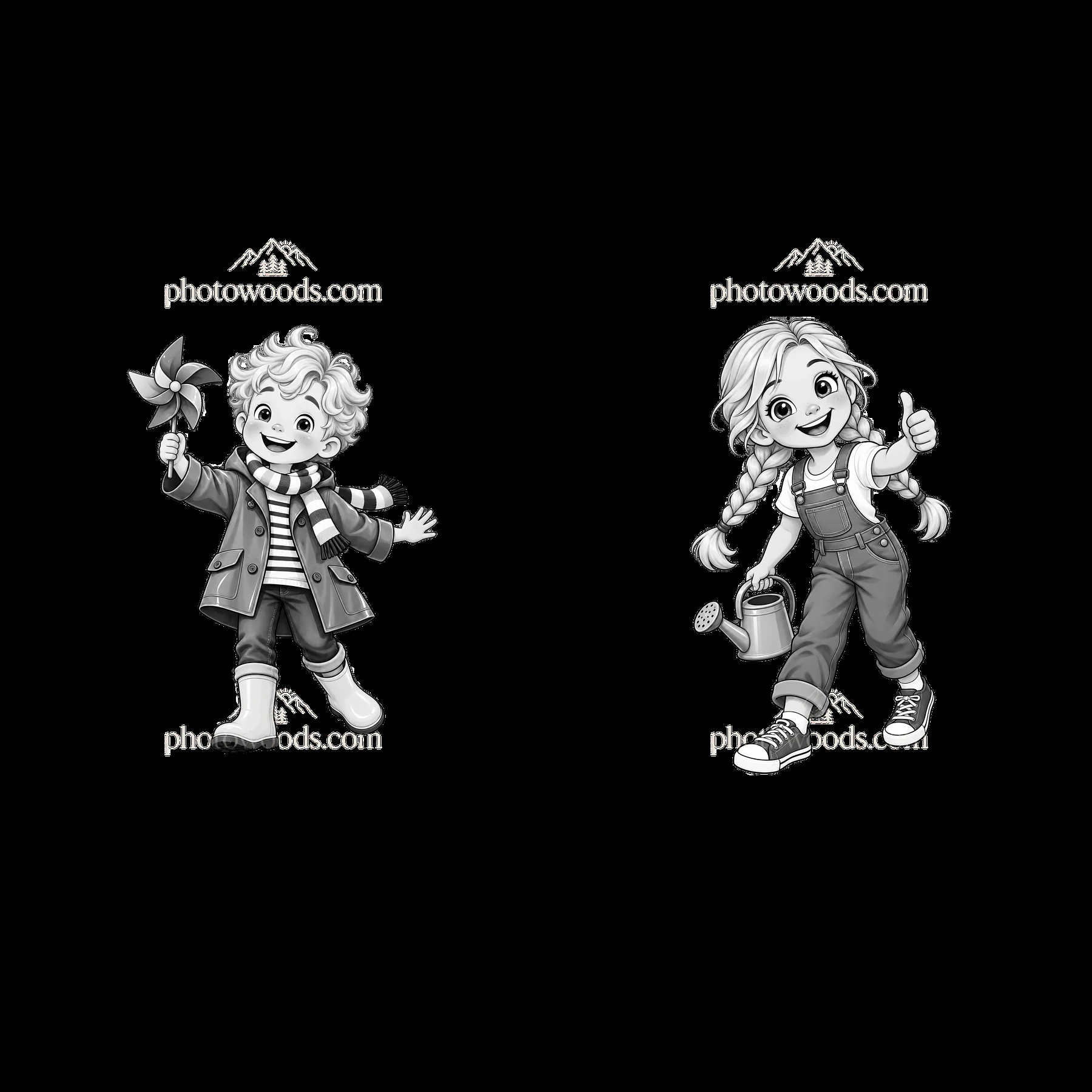 Blond children with pinwheel and watering can in black and white - AI-generated stock image