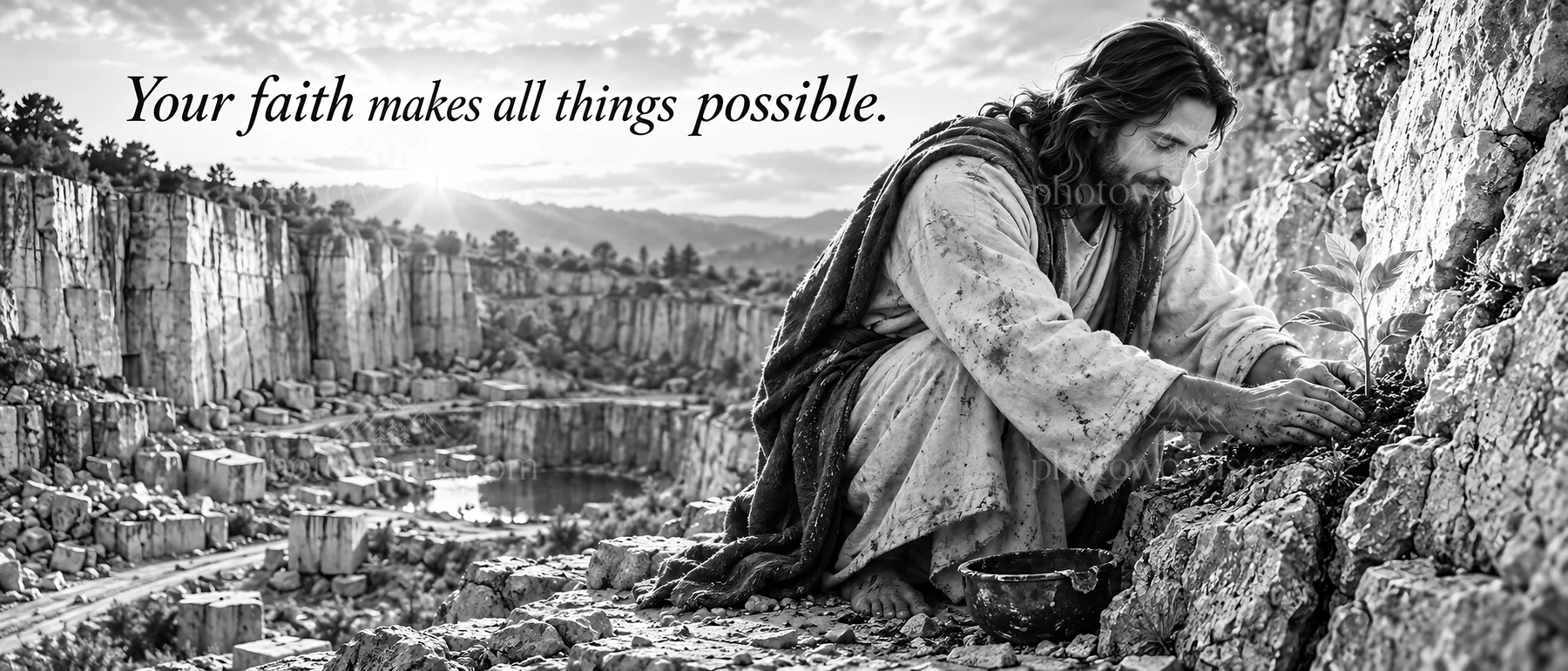 Jesus Christ planting seeds in a rocky landscape - AI-generated stock image