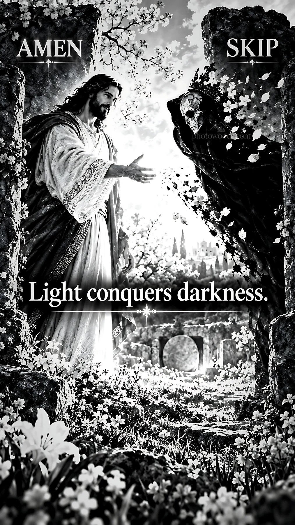 Jesus Christ reaching out to conquer darkness - AI-generated stock image