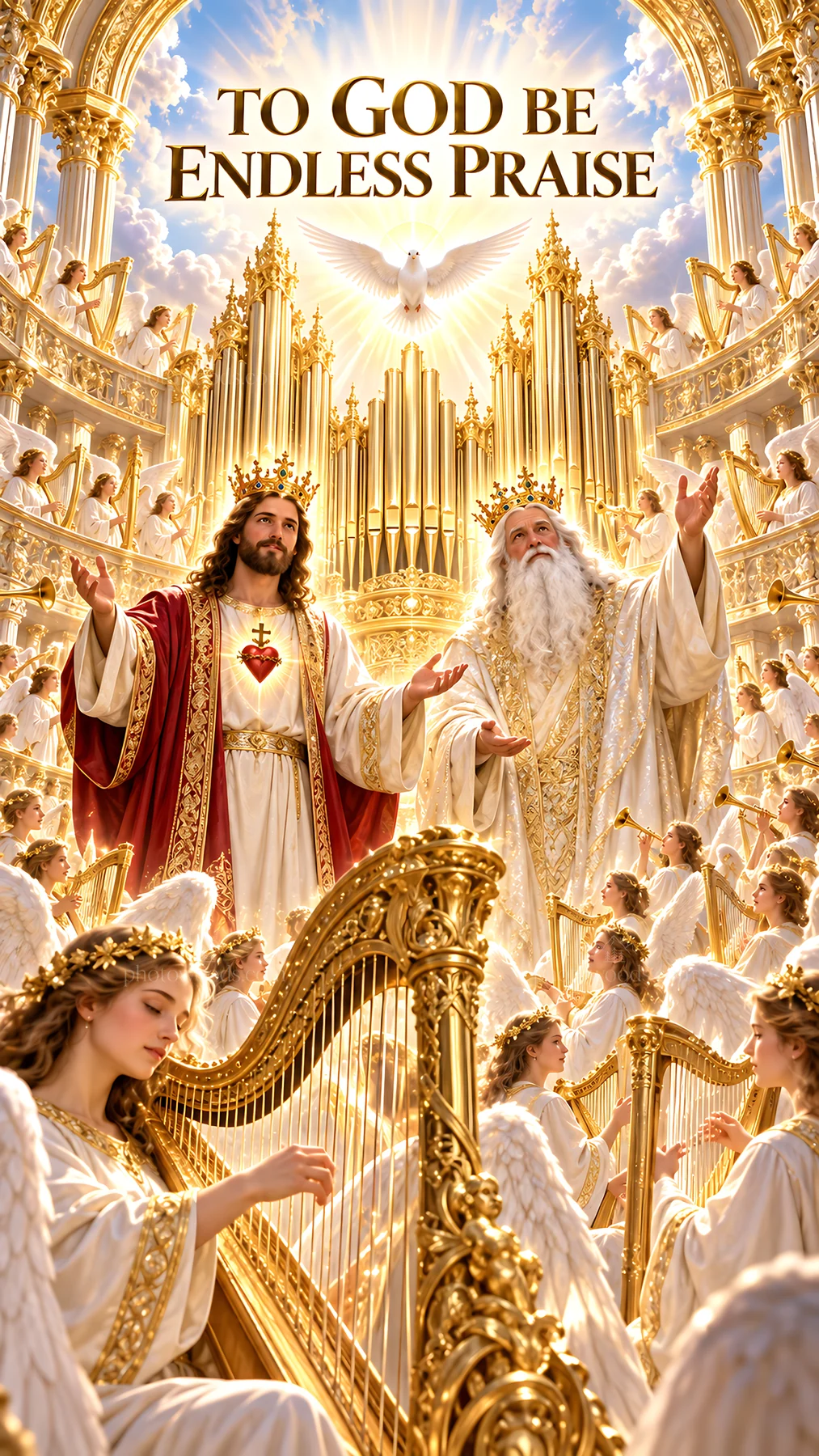Jesus Christ in a heavenly scene leading praise and worship - AI-generated stock image