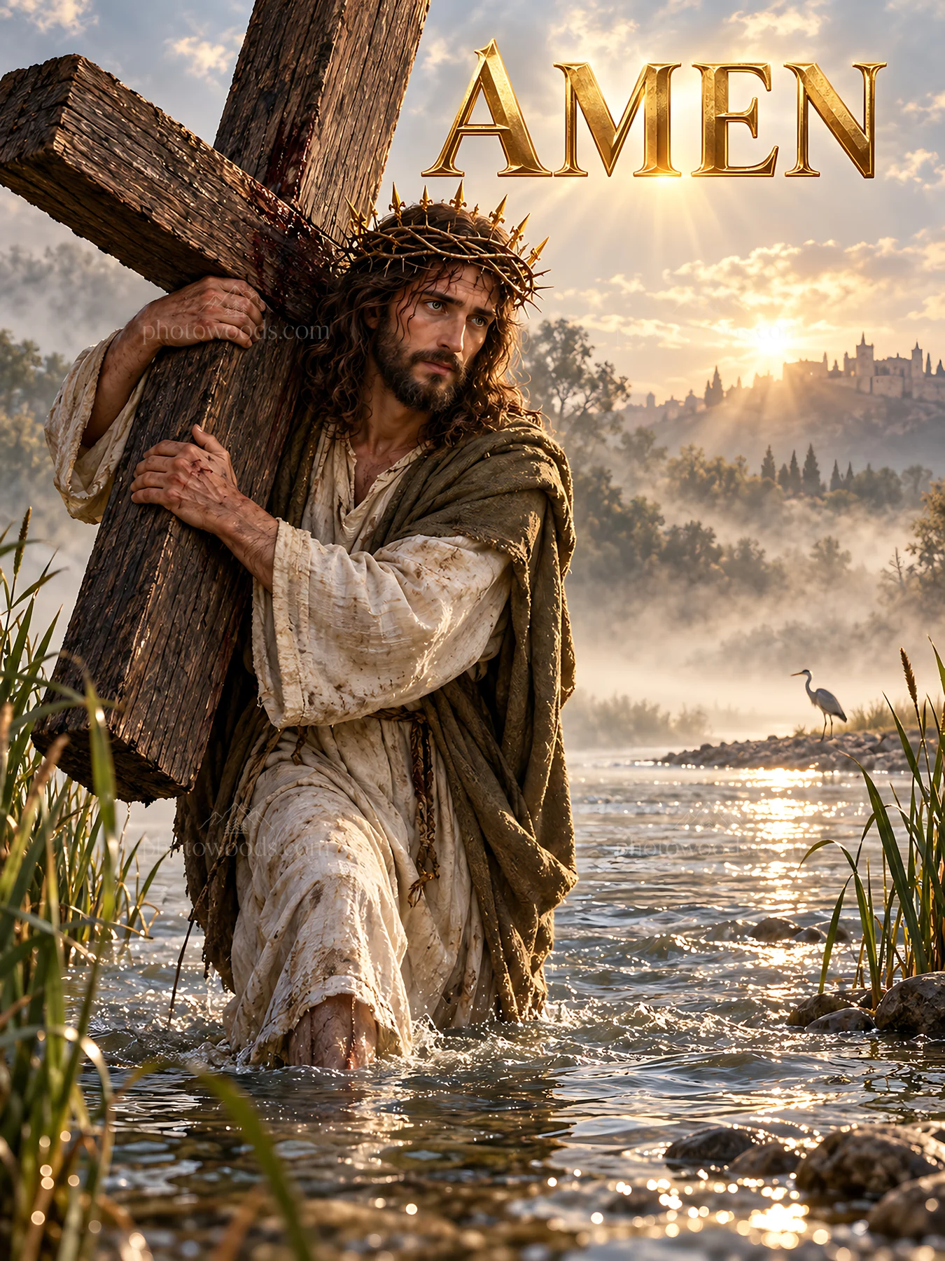 Jesus Christ carrying the cross by the river - AI-generated stock image
