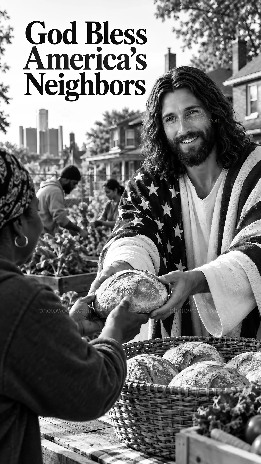 Jesus Christ sharing bread with a person in a community setting - AI-generated stock image
