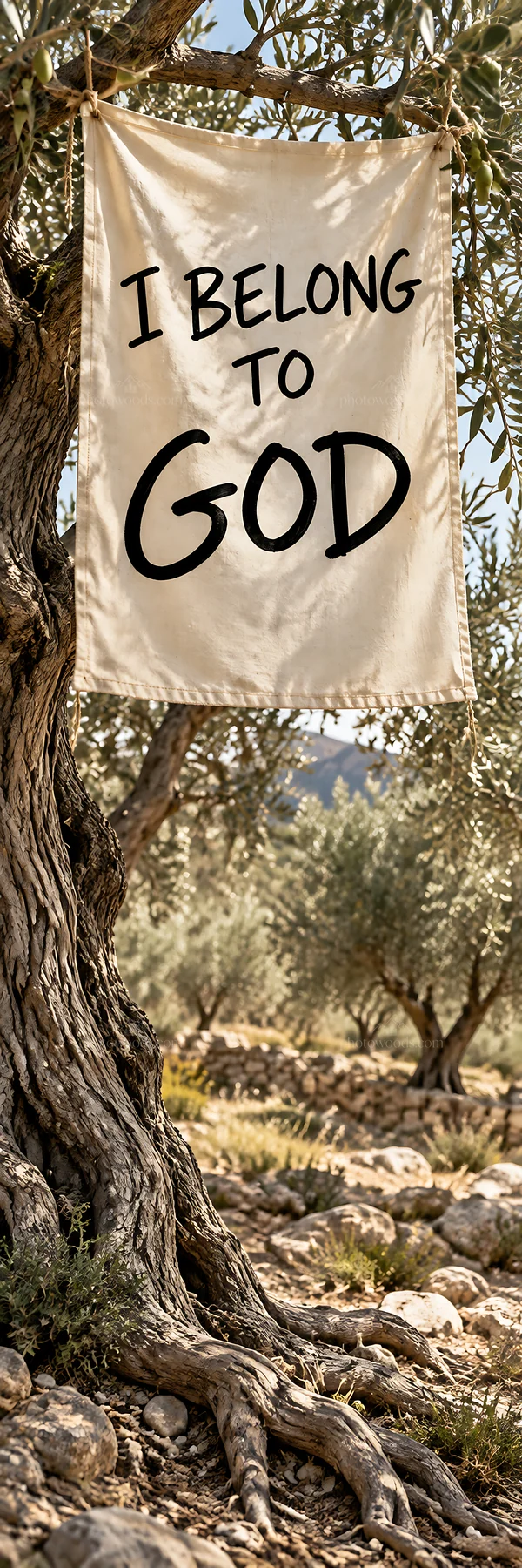 Jesus Christ message on banner in olive grove - AI-generated stock image