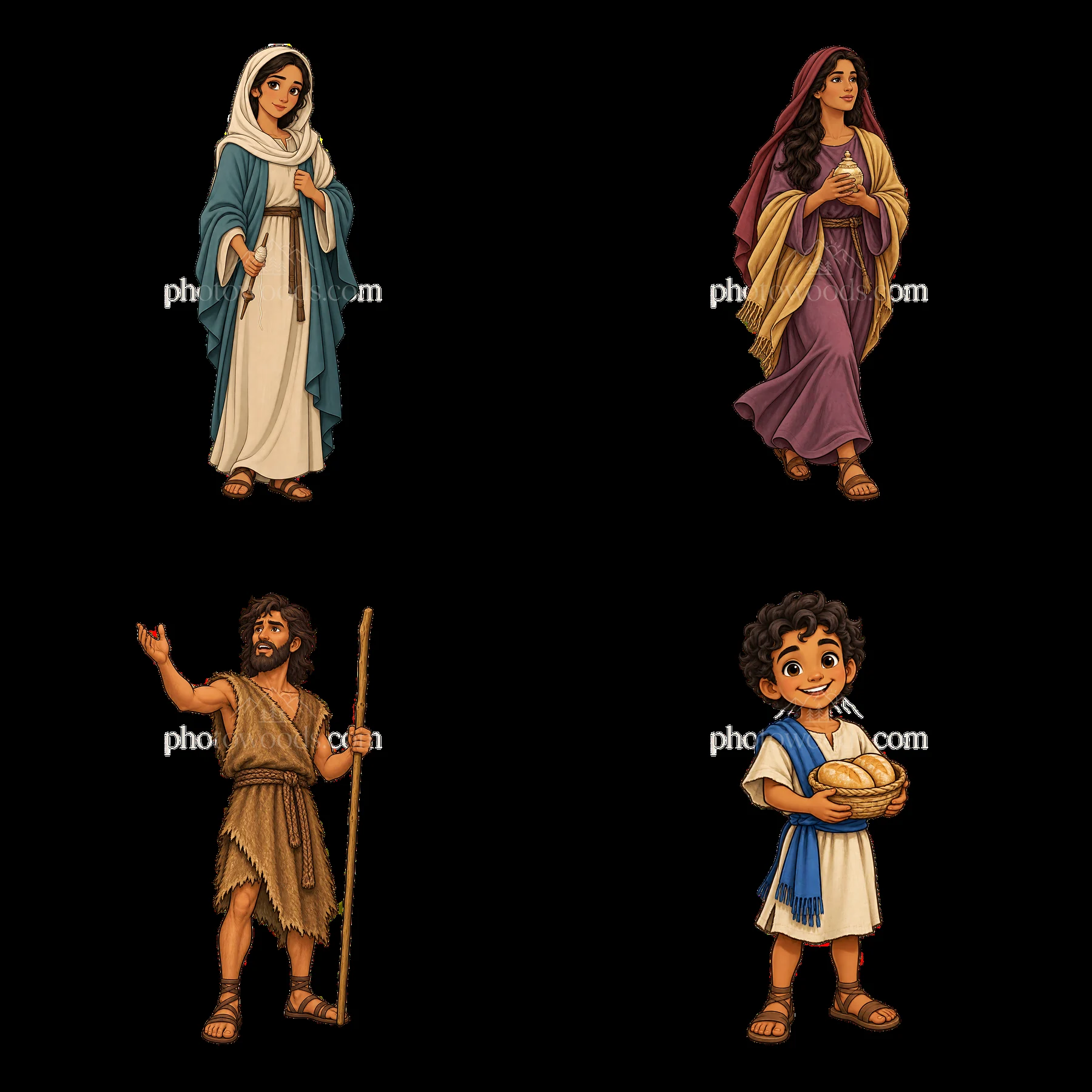 Jesus and followers illustrated in a 2x2 cartoon sticker layout - AI-generated stock image