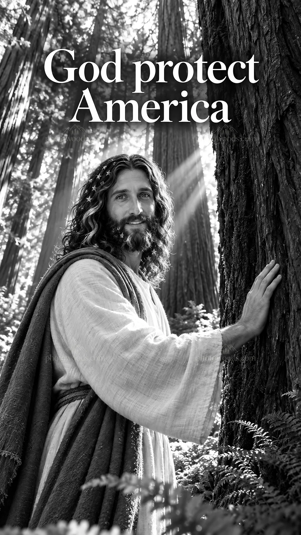 Jesus Christ in a forest offering protection to America - AI-generated stock image