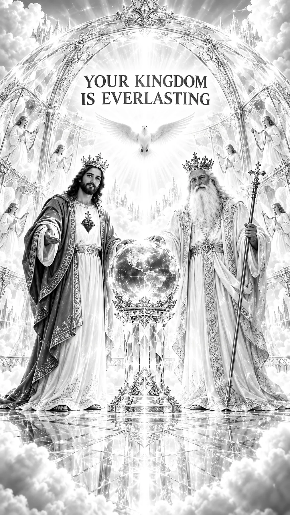 Jesus Christ with God and the Holy Spirit in a celestial scene - AI-generated stock image