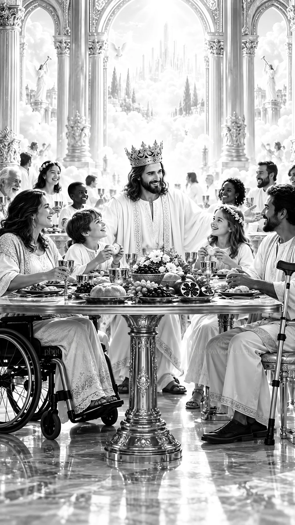 Jesus Christ sharing a meal with his followers - AI-generated stock image