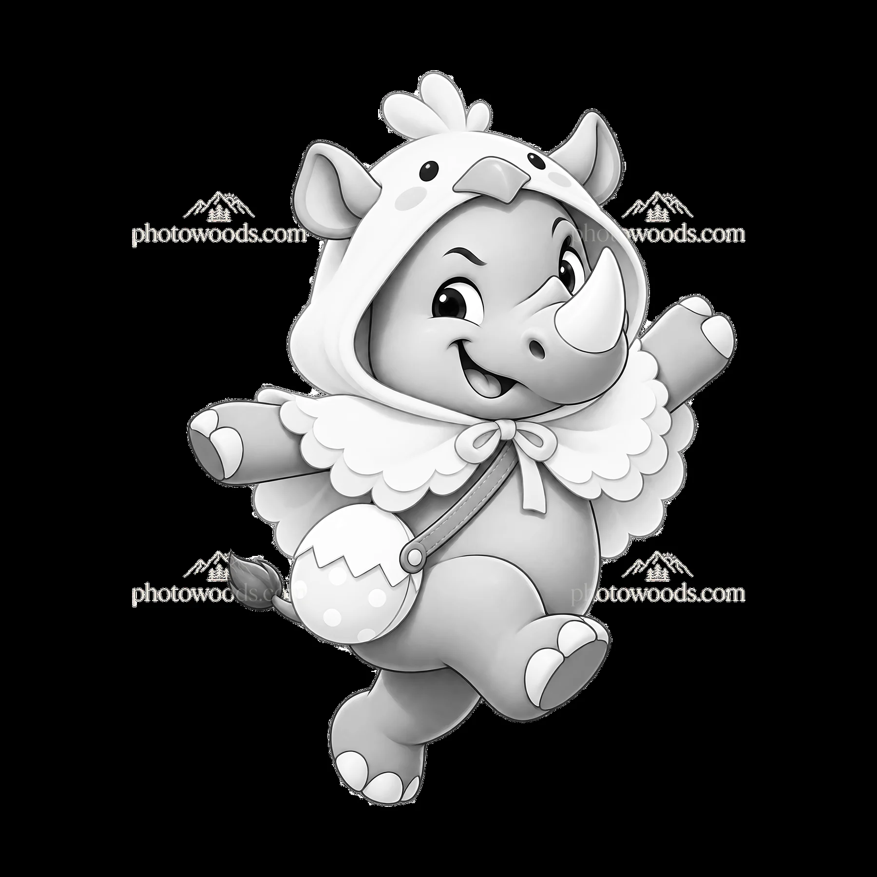 Happy rhinoceros in Easter outfit with egg basket - AI-generated stock image