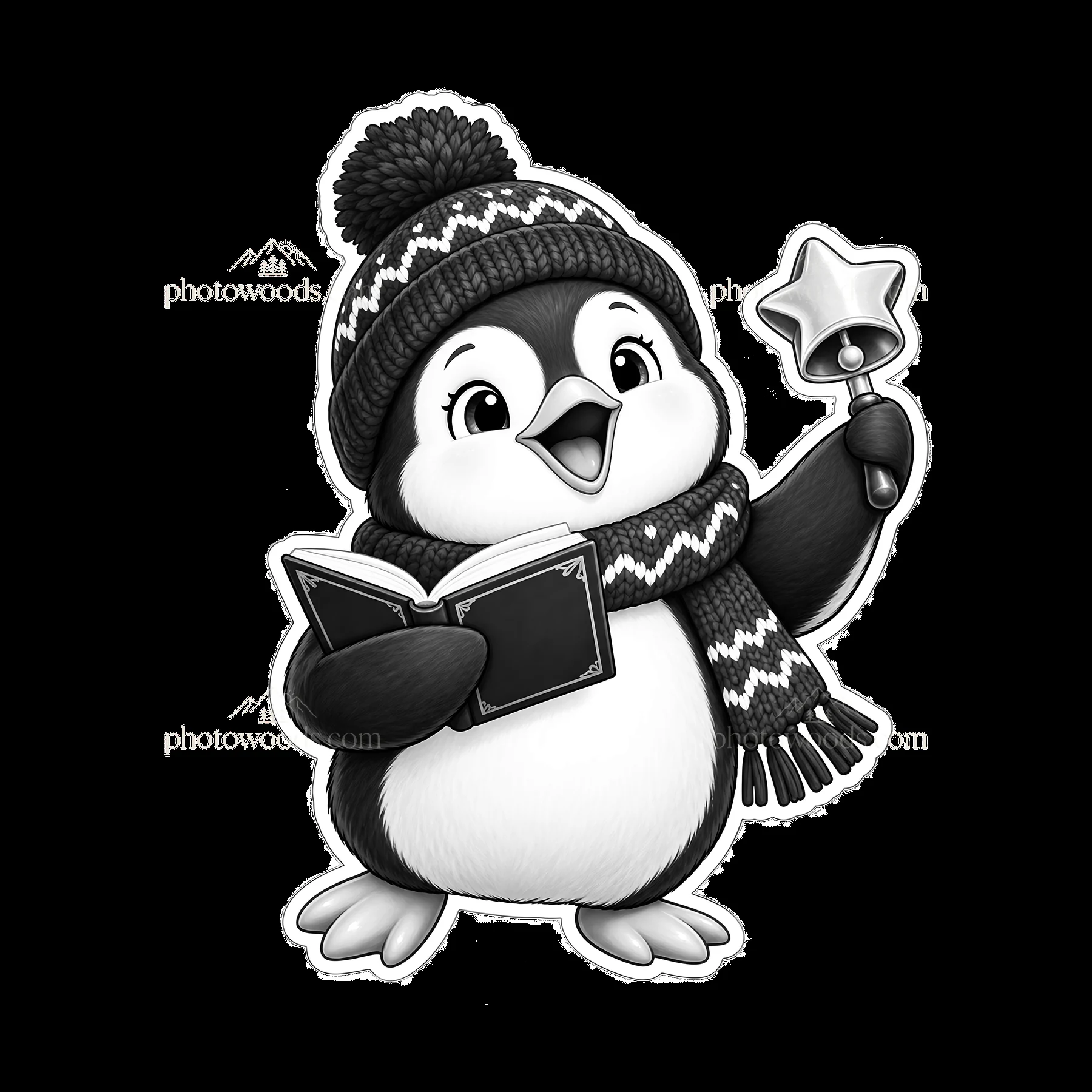 Monochrome Penguin Reading Sticker - AI-generated stock image