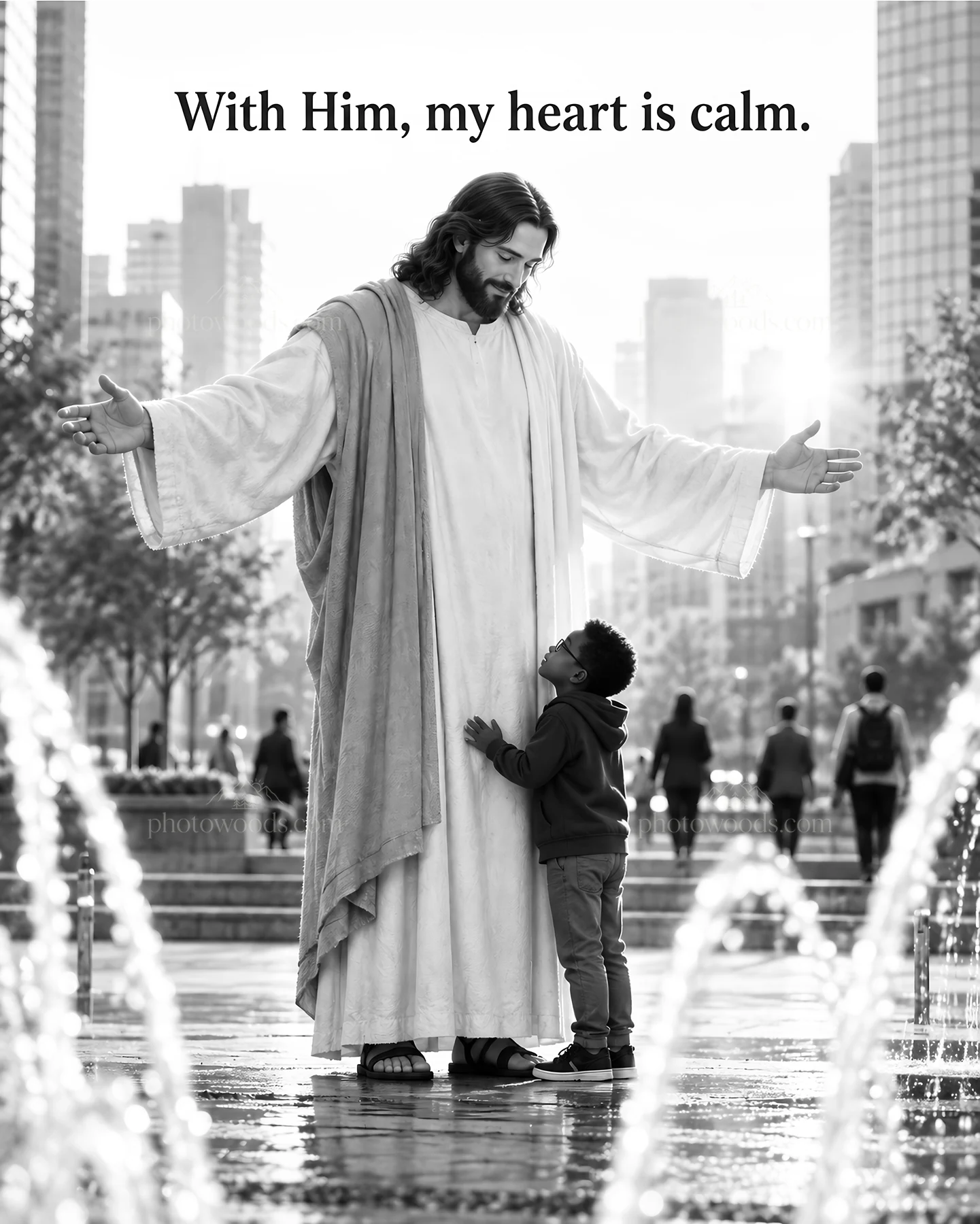 Jesus Christ comforting a child in a city setting - AI-generated stock image