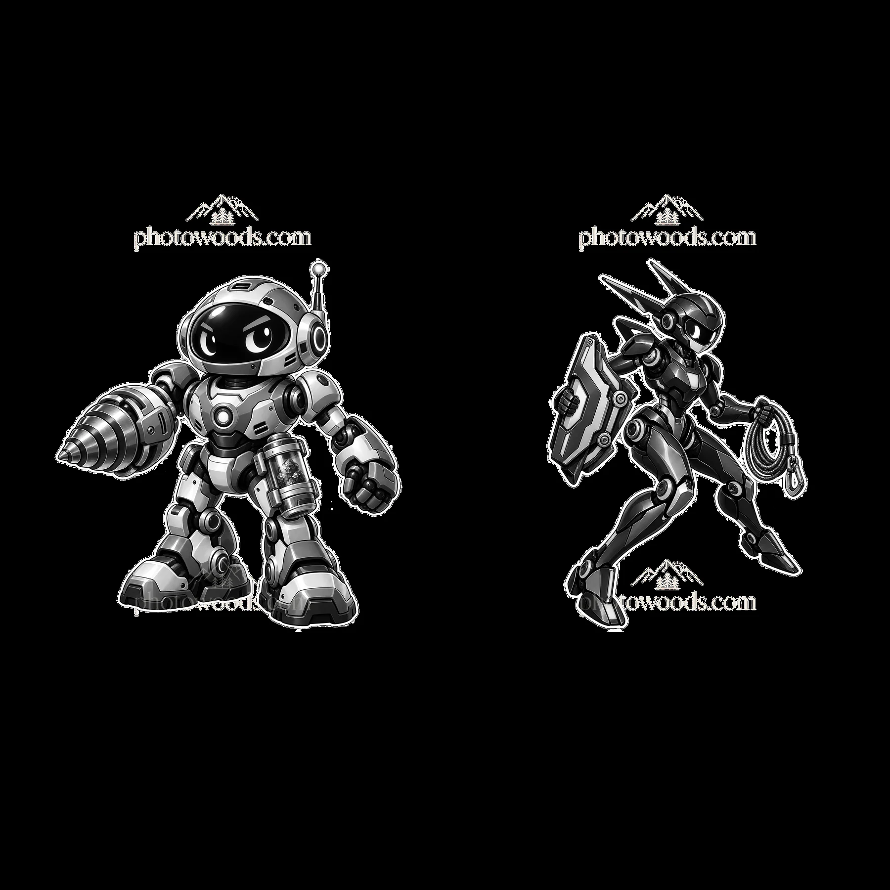 Two mech robots in dynamic poses with distinct features - AI-generated stock image
