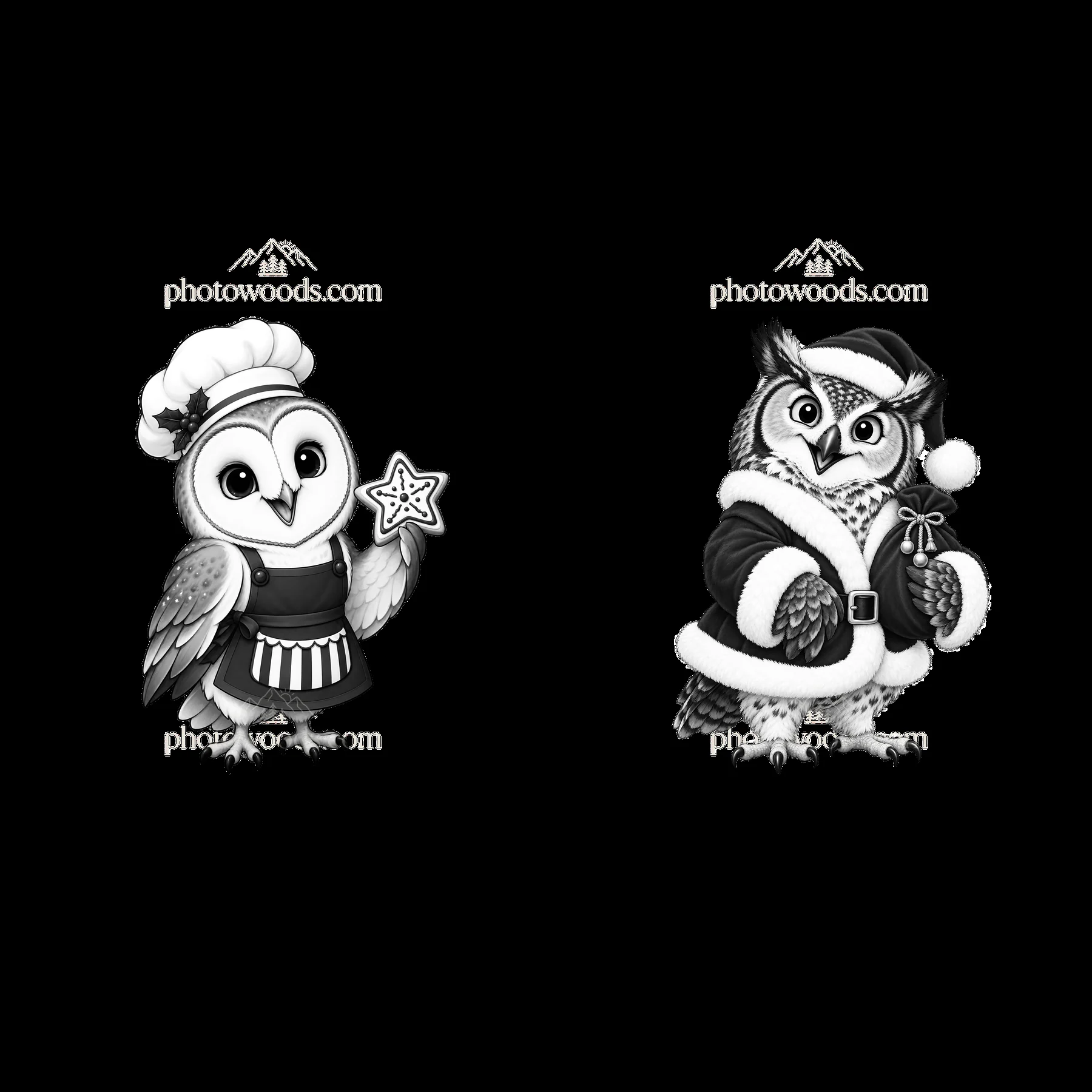 Christmas owls with chef hat and Santa outfit stickers - AI-generated stock image