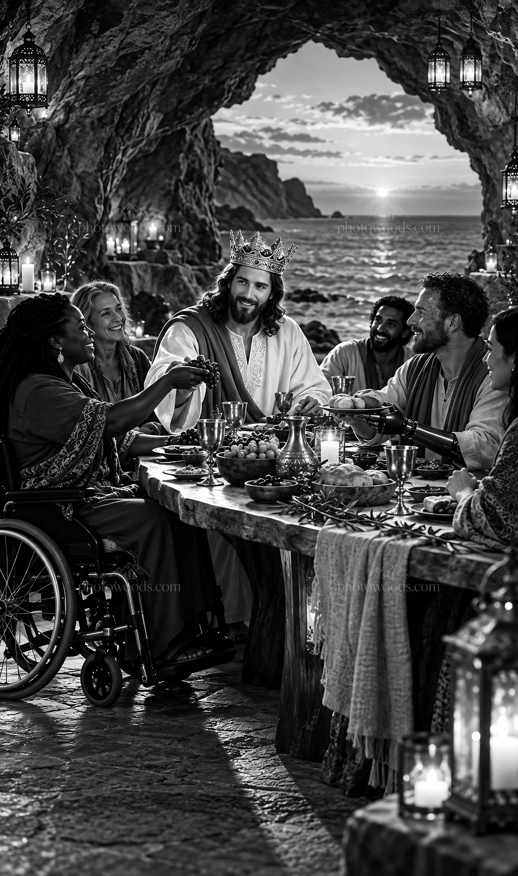 Jesus Christ sharing a meal with friends in a cave - AI-generated stock image