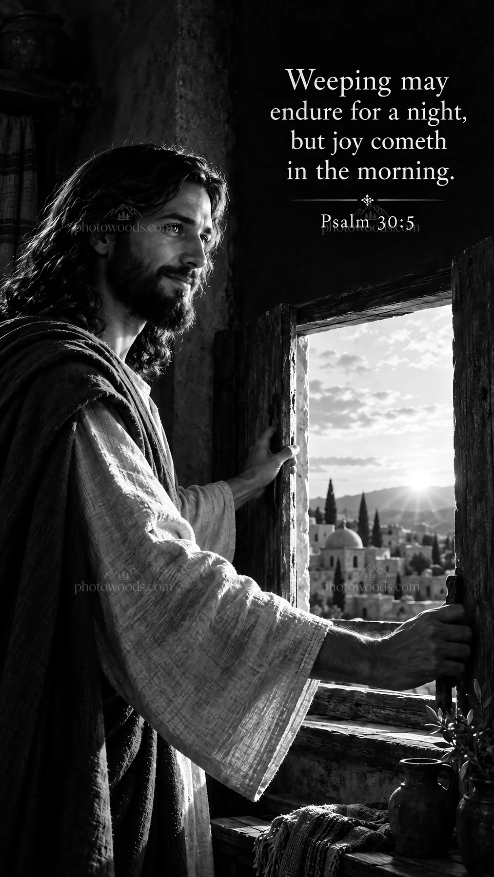Jesus Christ comforting with hope as dawn breaks - AI-generated stock image