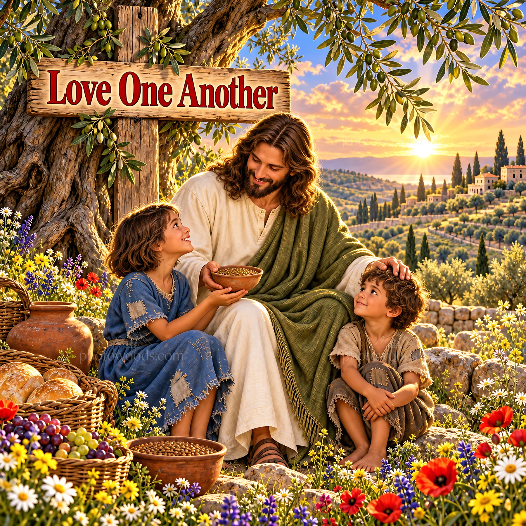 Jesus Christ sharing food with children in a garden setting - AI-generated stock image