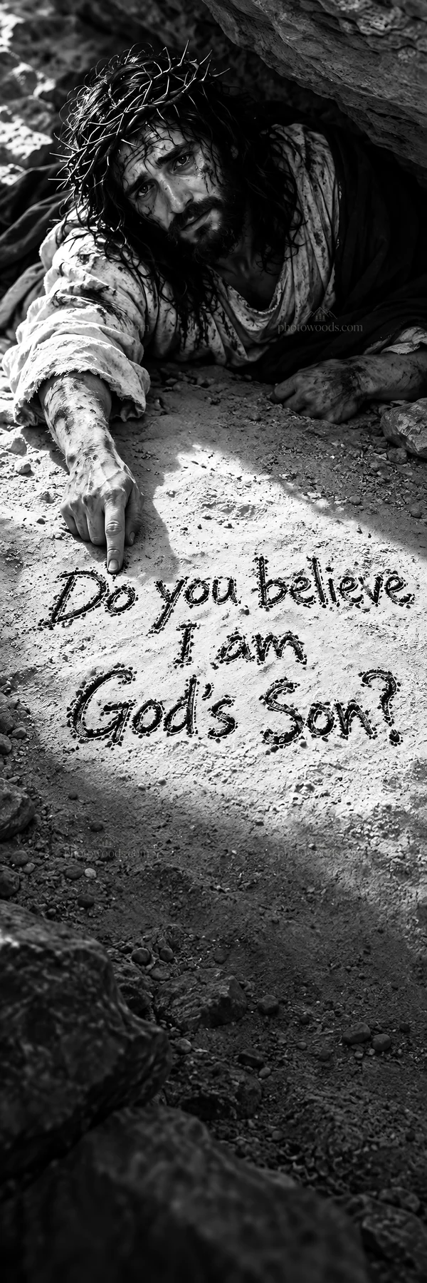 Jesus Christ pointing to the ground with the question of belief - AI-generated stock image