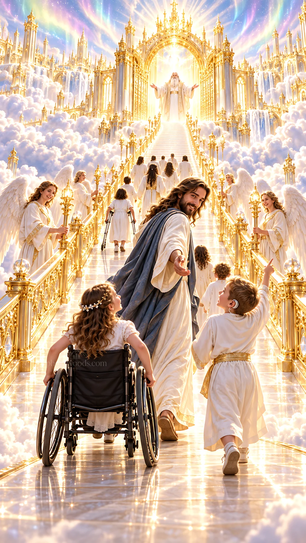 Jesus Christ welcoming children in a heavenly setting - AI-generated stock image