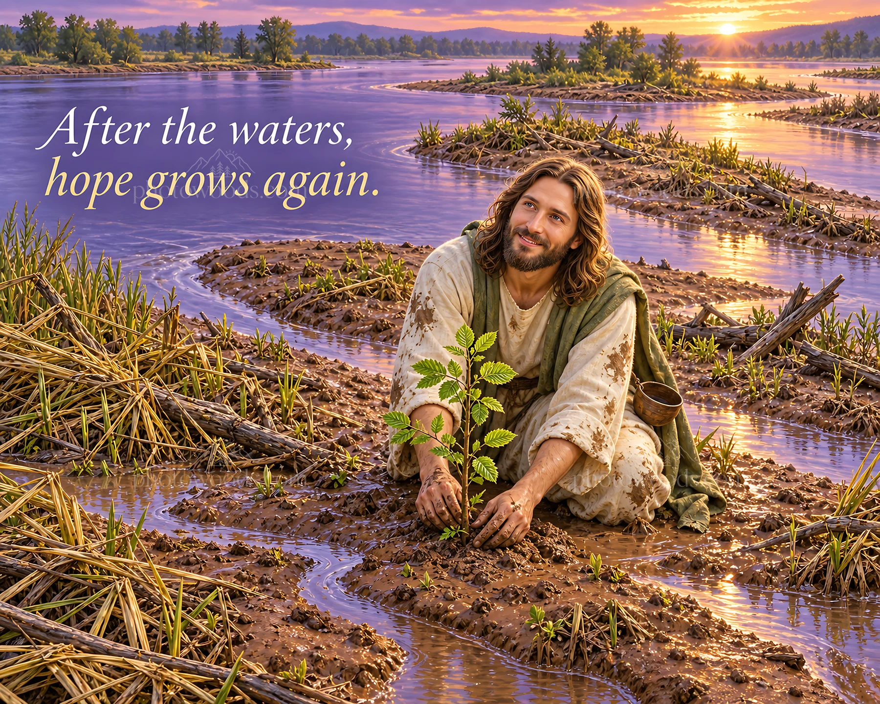 Jesus Christ planting a tree at the riverside - AI-generated stock image