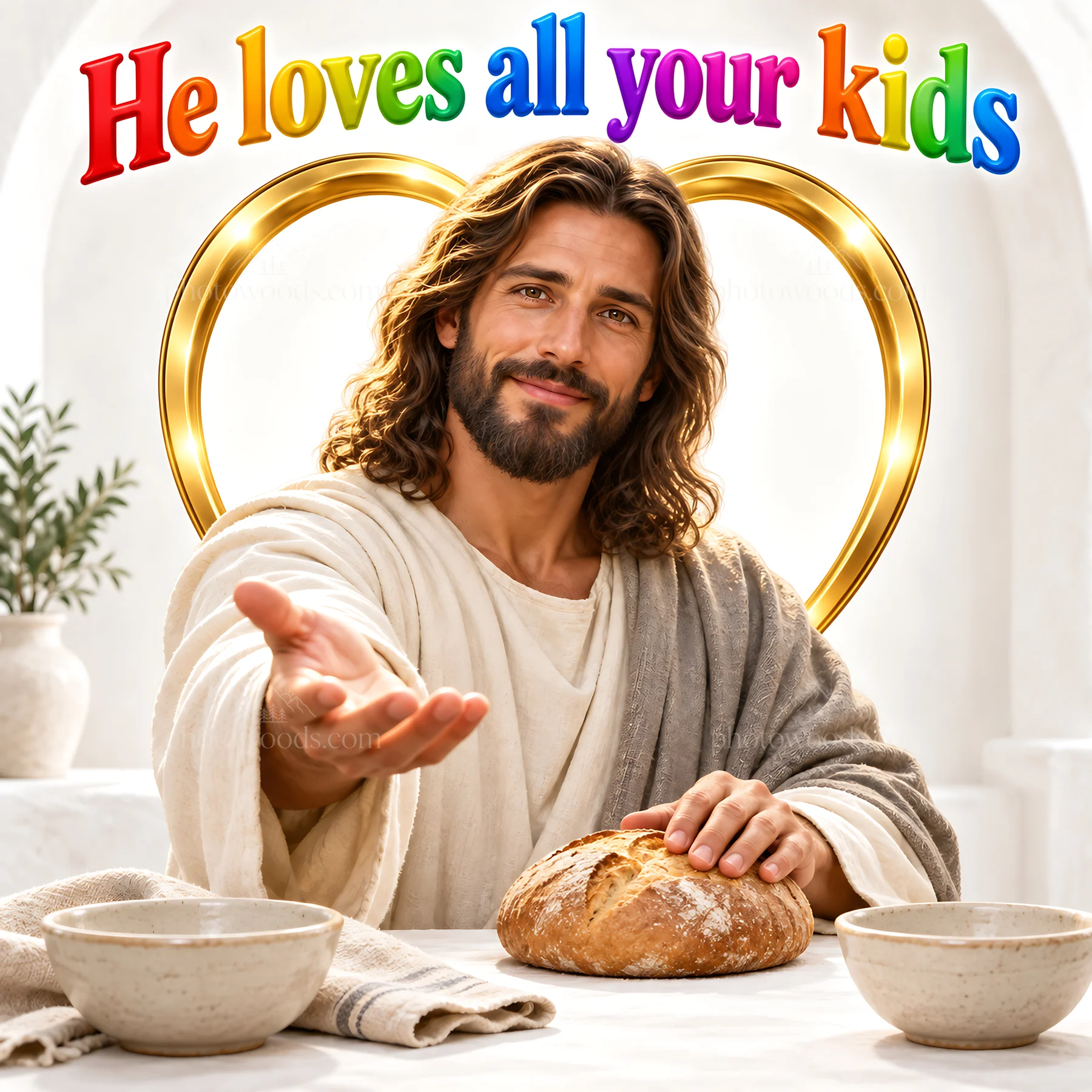 Jesus Christ sharing bread with open arms - AI-generated stock image