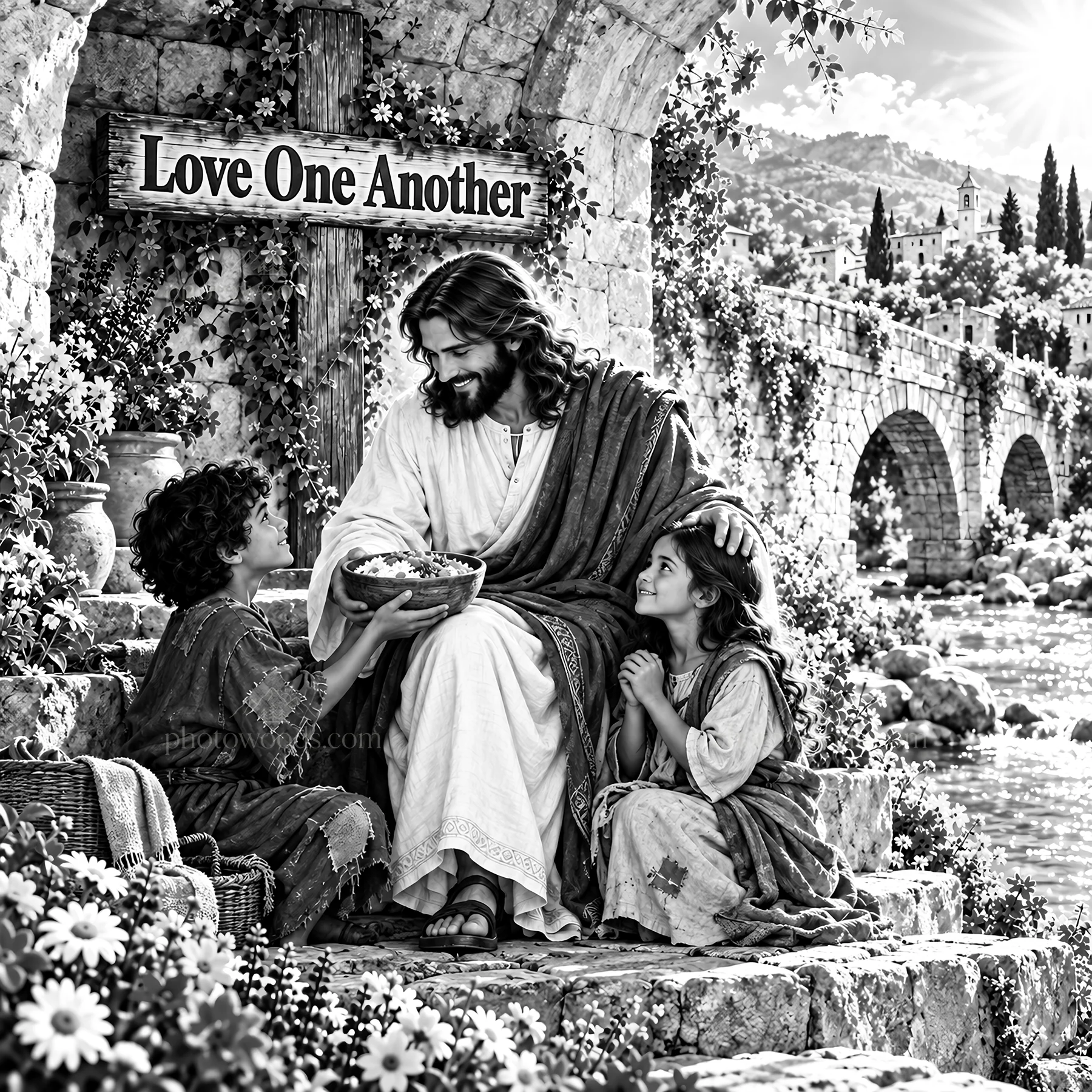 Jesus Christ sharing kindness with children by the river - AI-generated stock image