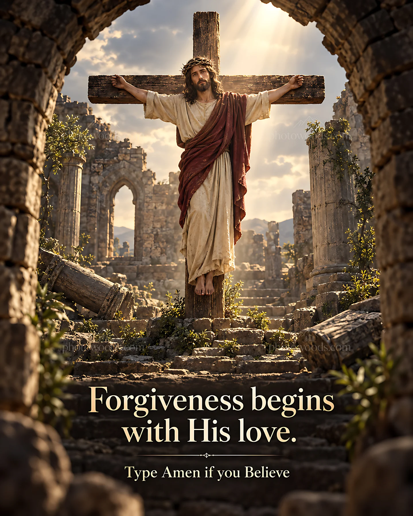 Forgiveness begins with His love in a ruined setting - AI-generated stock image