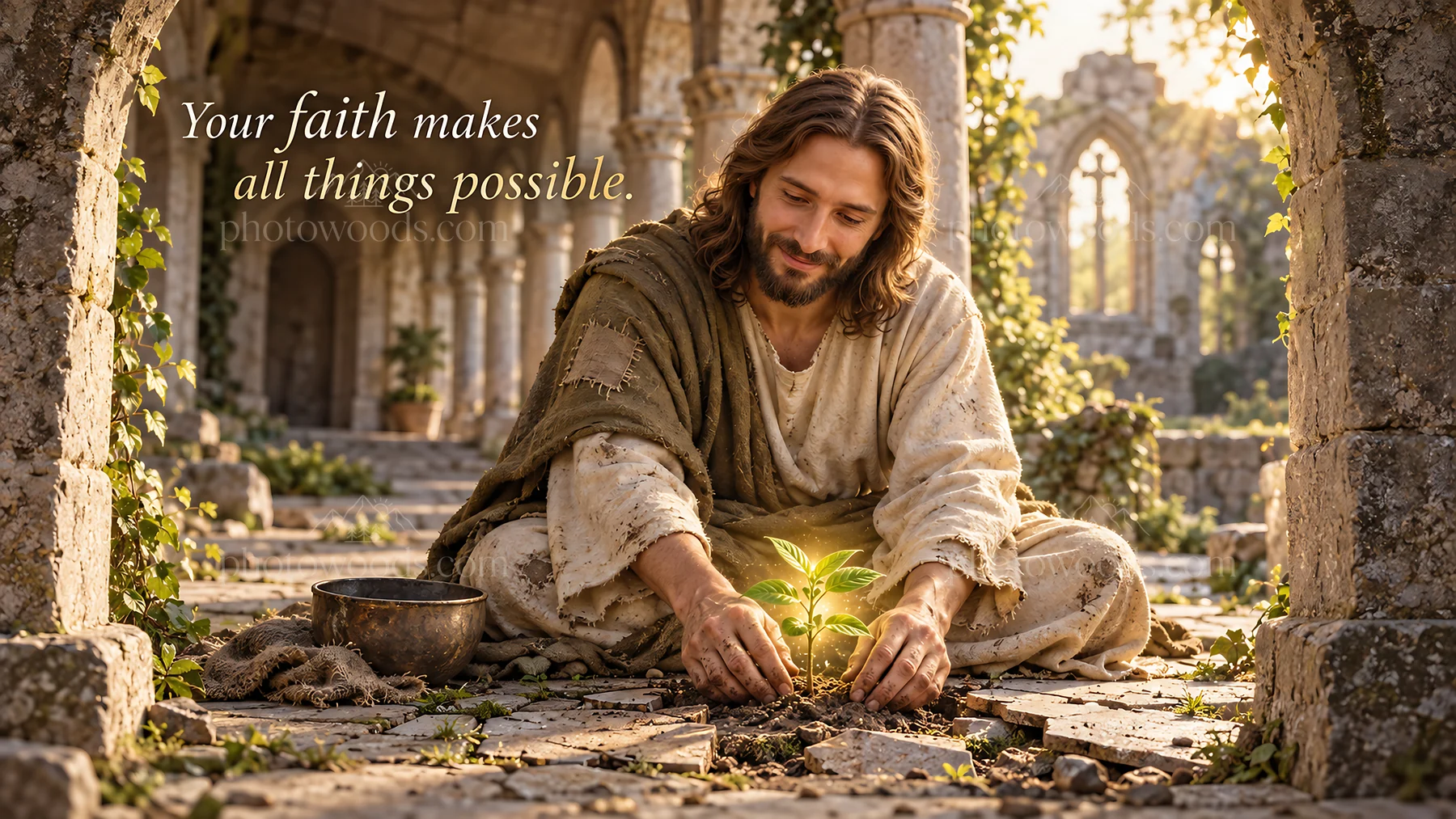 Jesus Christ nurturing a plant in a peaceful garden setting - AI-generated stock image