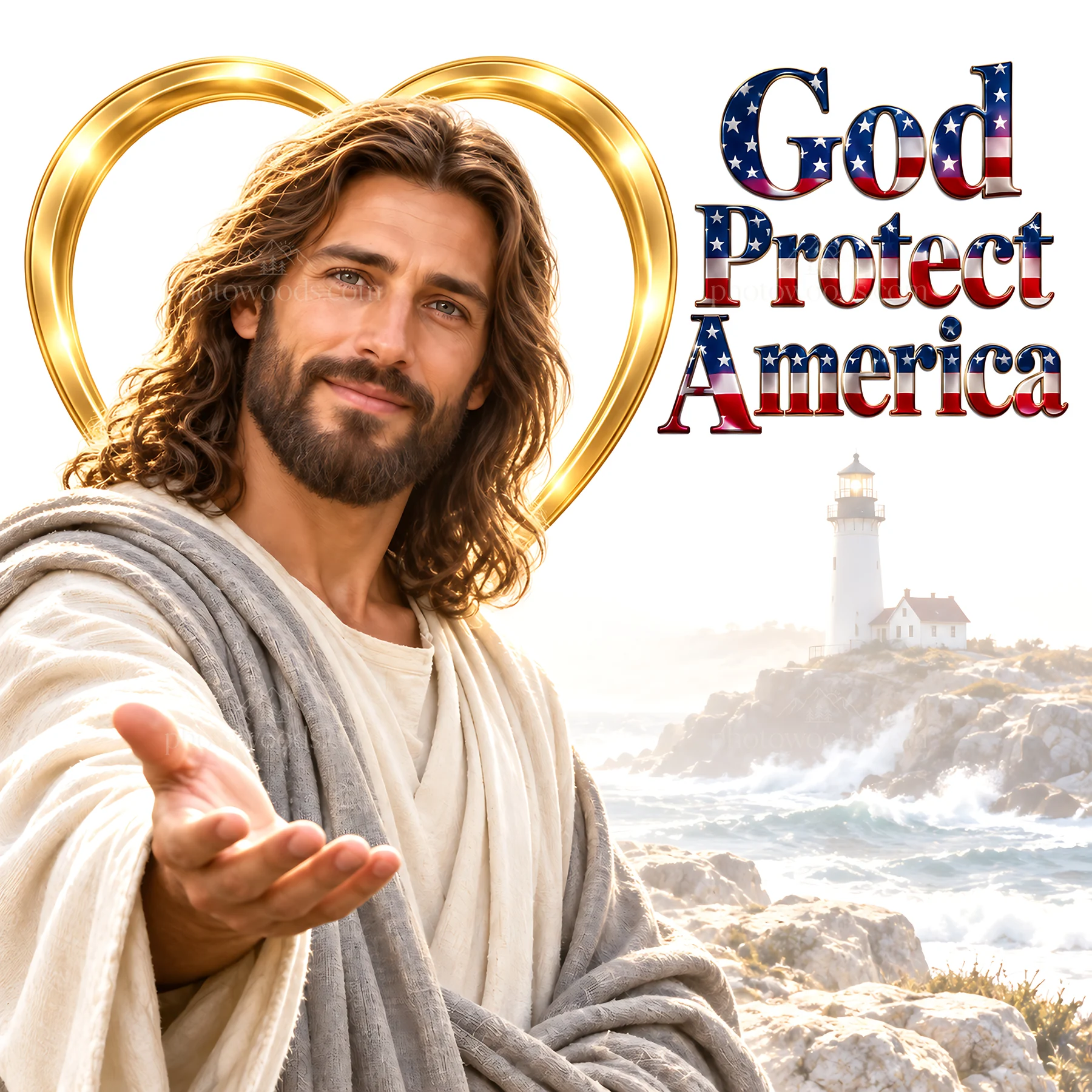 Jesus Christ reaching out with a message of love for America - AI-generated stock image