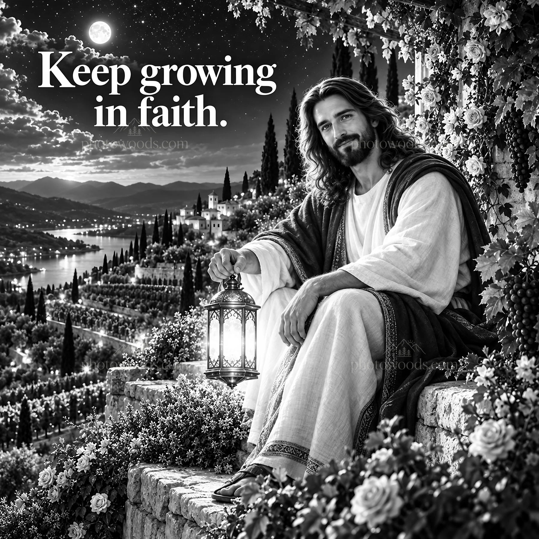Jesus Christ sitting with a lantern in a tranquil garden setting - AI-generated stock image