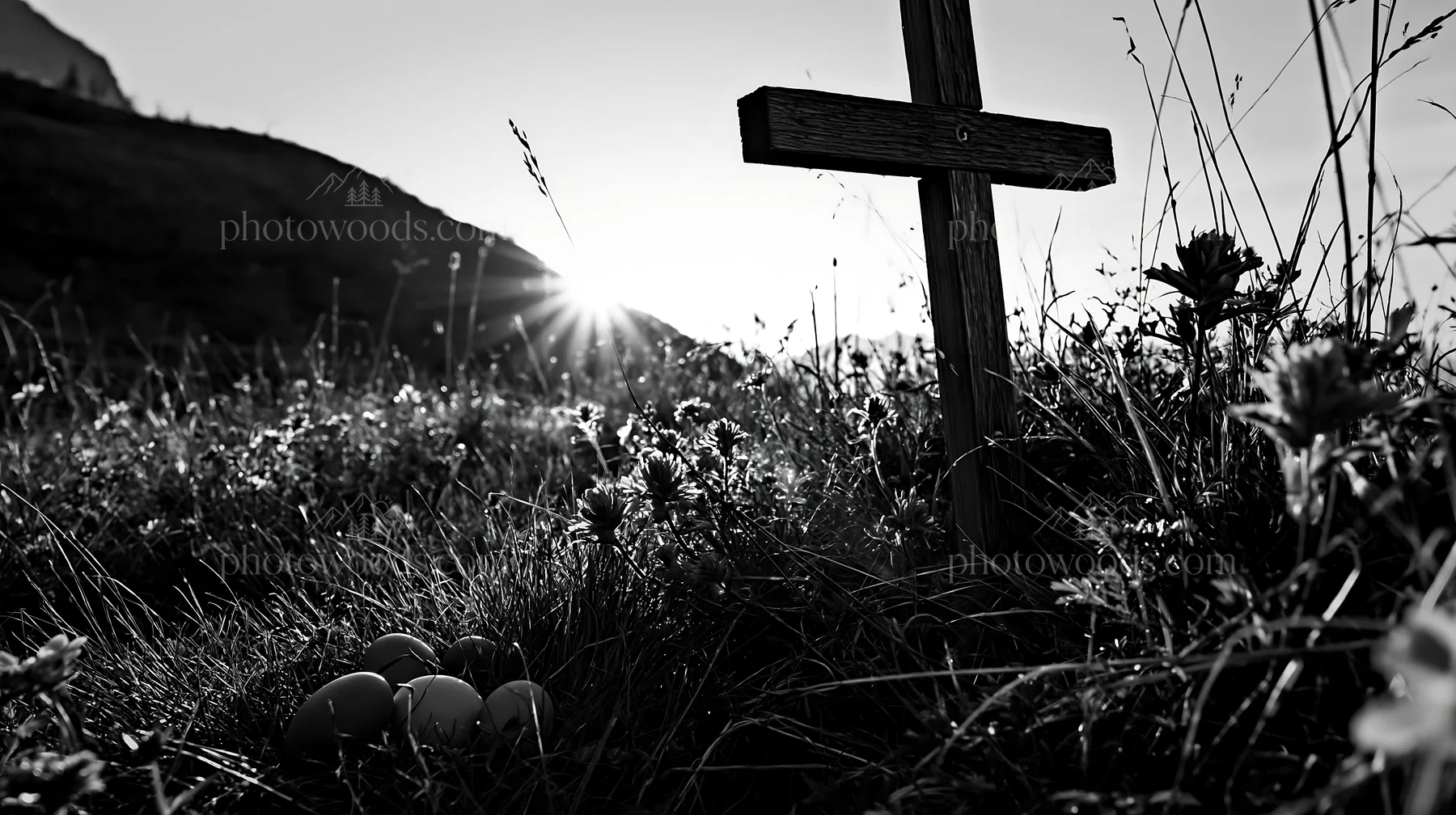 Christian cross in backlit summer meadow at sunset - AI-generated stock image