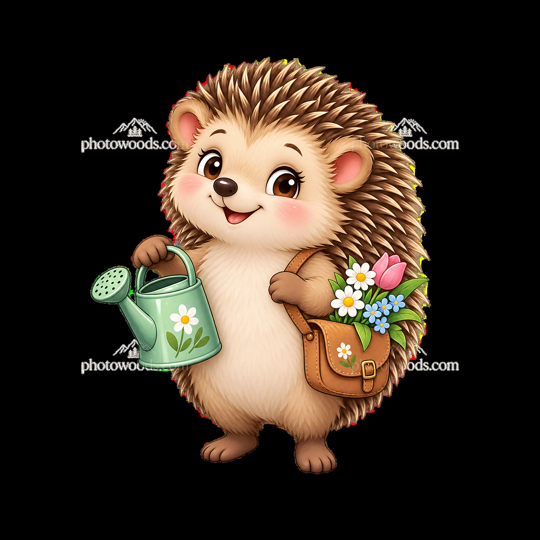 Hedgehog with watering can and flowers in a garden setting - AI-generated stock image