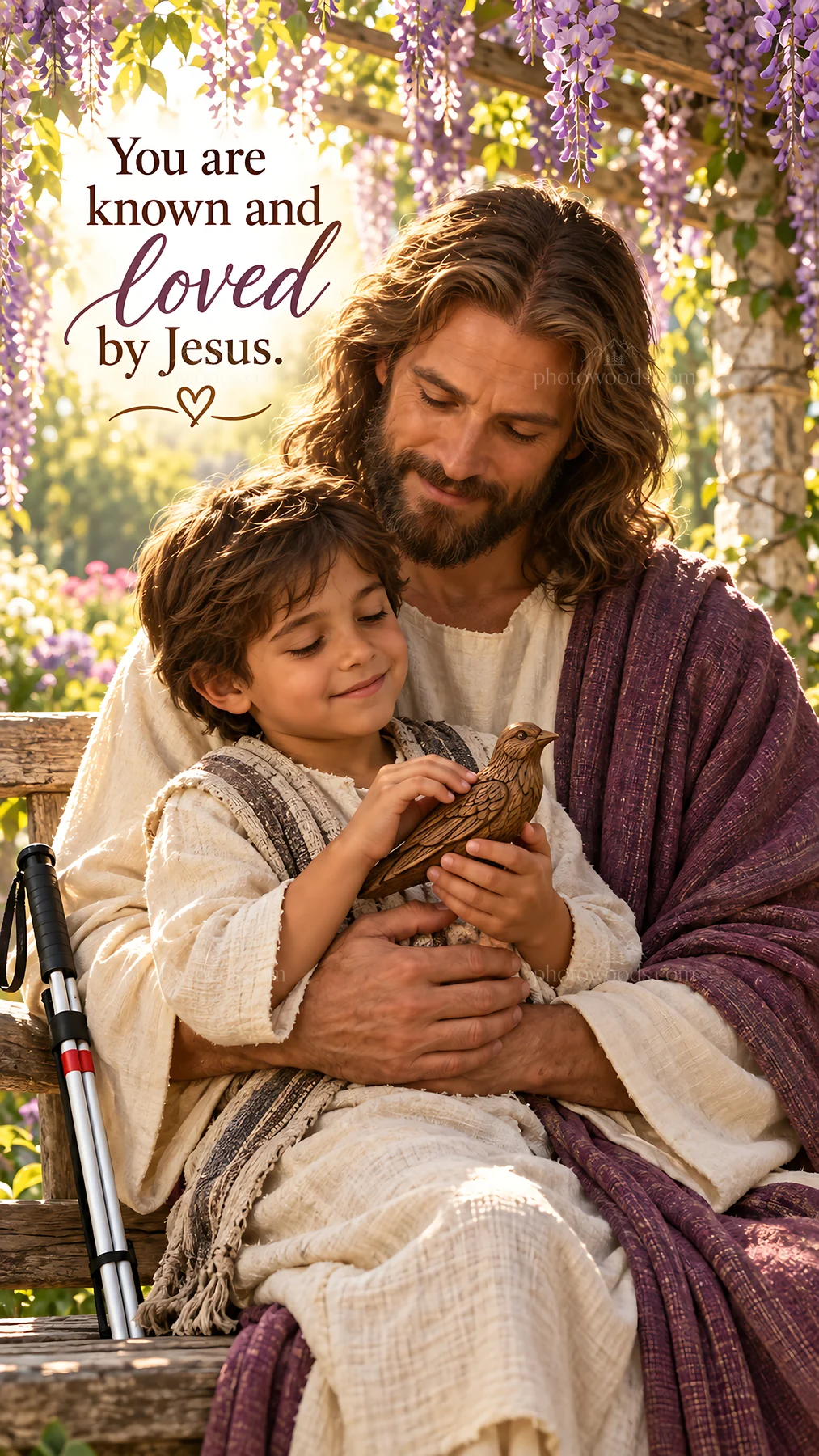 Jesus Christ comforting a child with a bird - AI-generated stock image